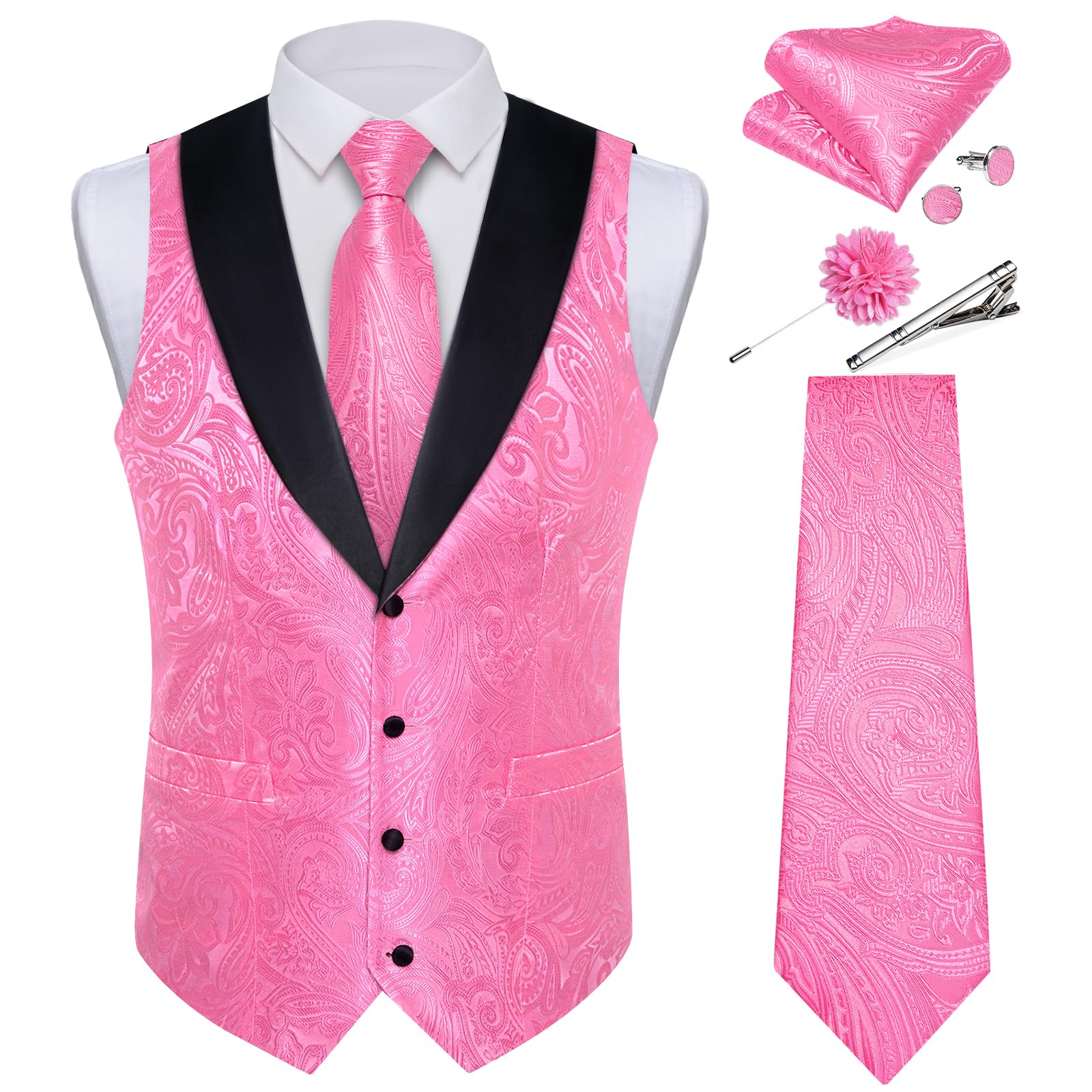 DiBanGu Mens Paisley Suit Vest Silk Jacquard Waistcoat and Necktie Set Formal Shawl Collar Dress Vest 7PCS for Wedding Party