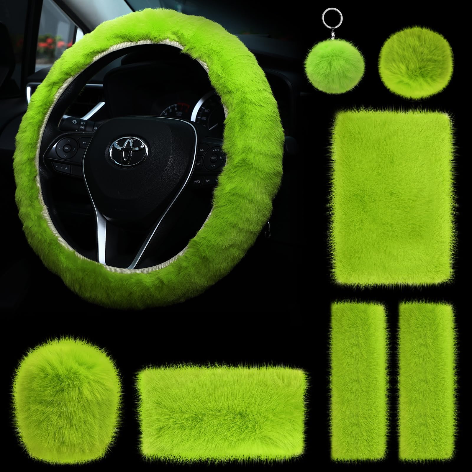 Coume 9 Pcs Fluffy Car Accessories Set Soft Fur Fuzzy Car
