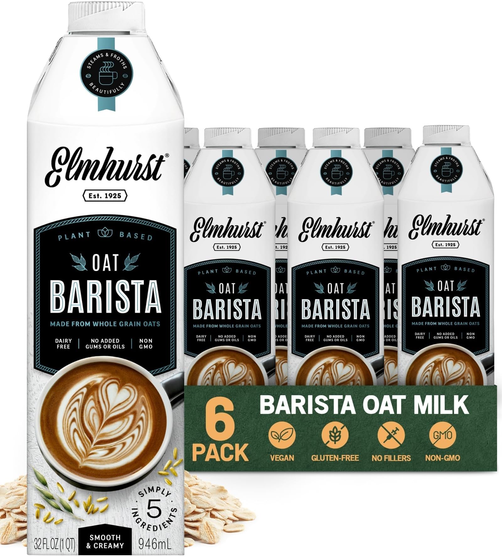 Elmhurst 1925 Oat Milk Barista Edition – 32oz (6-Pack) Plant-Based, Vegan, Dairy-Free, Kosher, Gluten-Free, Non-GMO, Froths for Lattes & Iced Coffee, 20g Whole Grains per Serving, Simple Ingredients