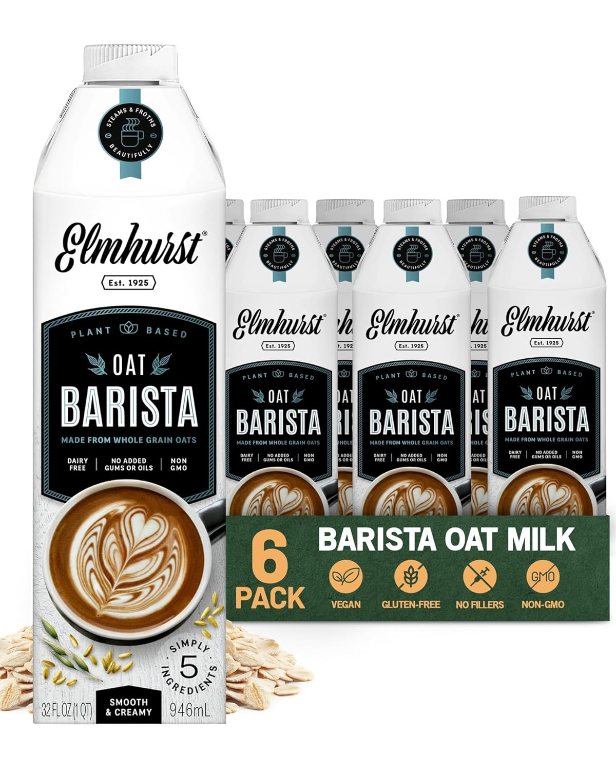 Elmhurst 1925 Oat Milk Barista Edition 32oz 6-Pack - Vegan Dairy-Free, 20g Protein, Froths Perfectly for Lattes & Iced Coffee