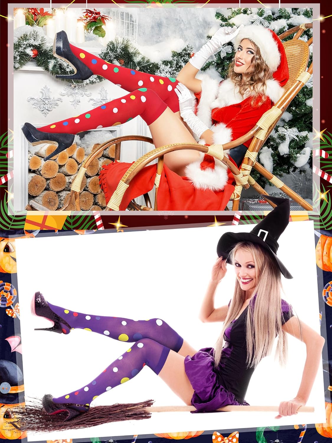 Geyoga 8 Pcs Clown Thigh High Socks for Women Christmas Thigh Highs Stocking Extra Long Colorful Vibrant Polka Dot Rainbow over The Knee Sock Novelty Gifts for Christmas Accessories Holiday Outfits - Image 2