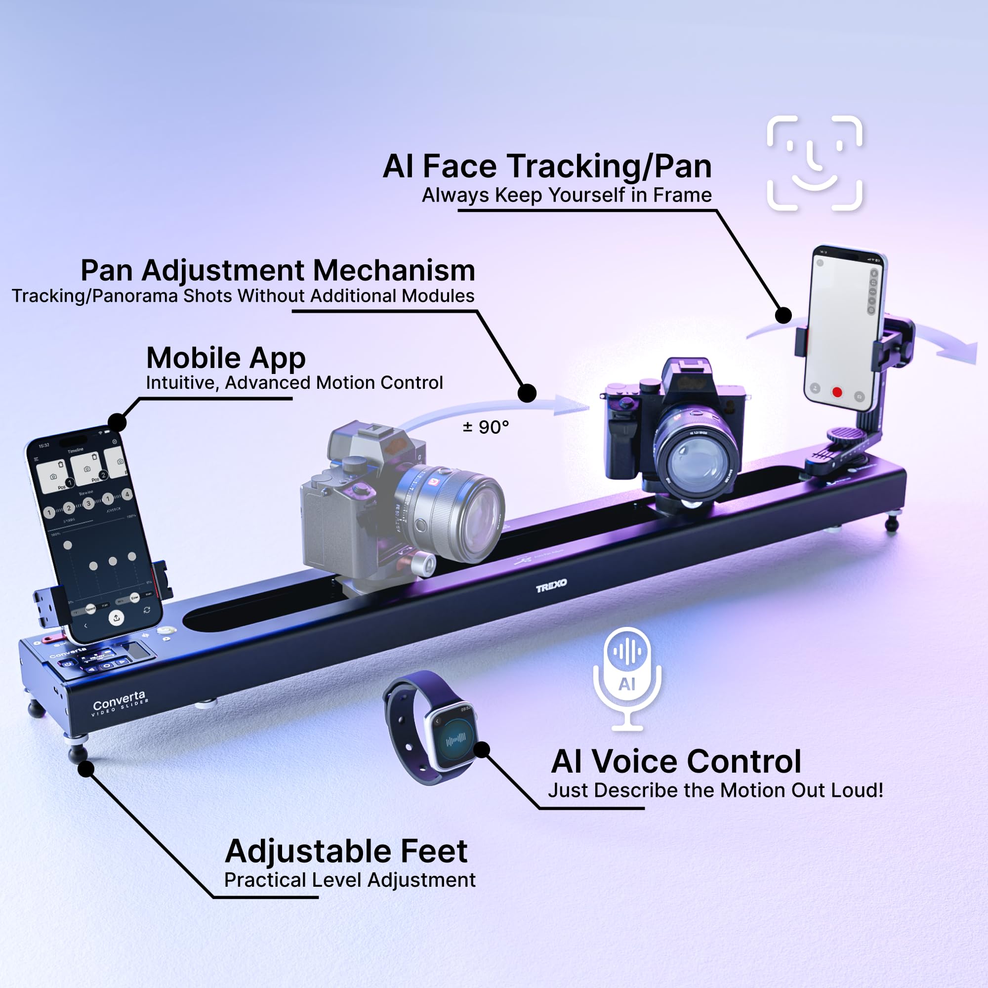 Trexo Converta Pro - AI-Powered Video Slider, Built-in Rotary Table, 90° Panoramic Shooting, Time-Lapse, Loop Mode, APP & Voice Control, Pro Camera Motion System (C600-60cm/23.6")