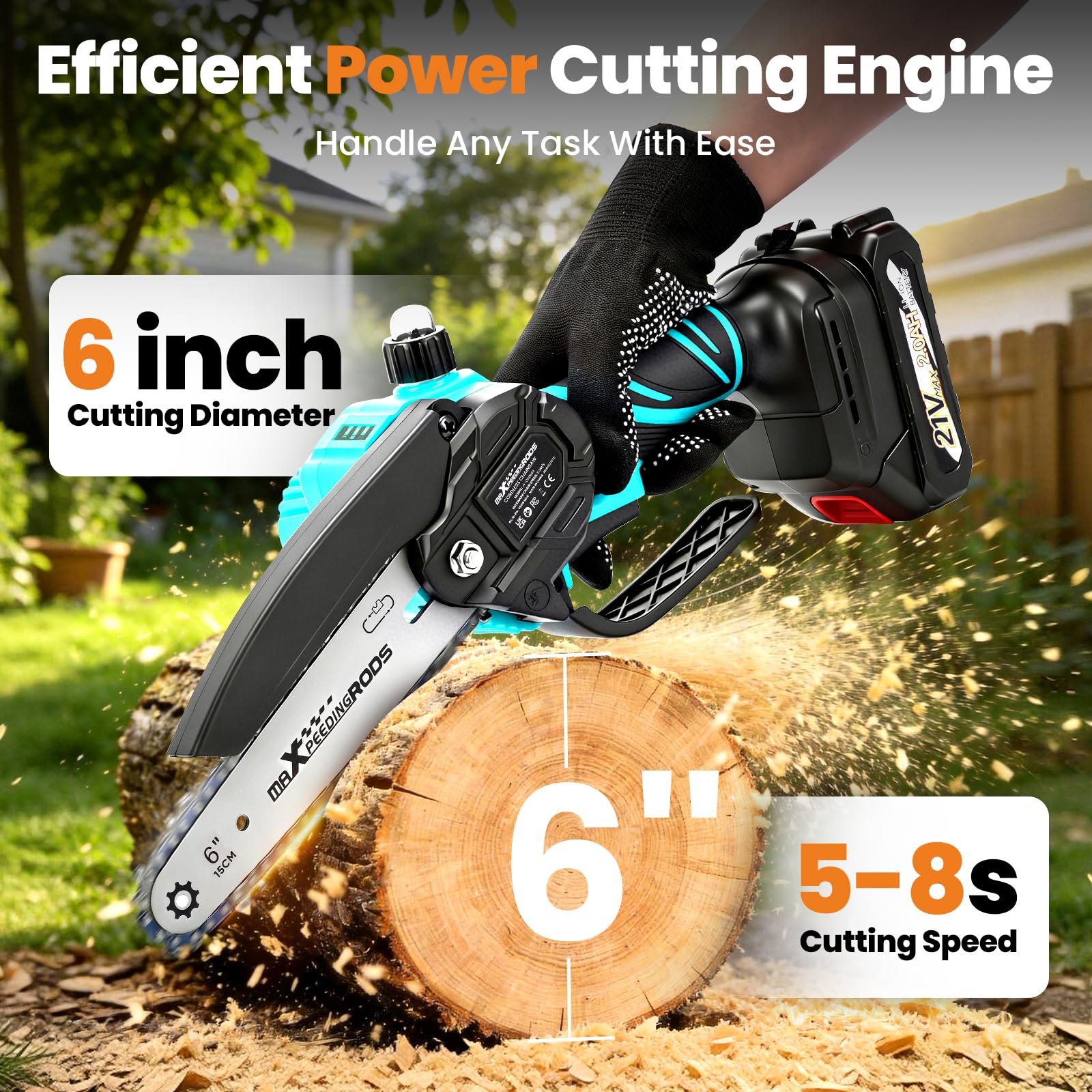 maXpeedingrods Motosierra eléctrica de 6 pulgadas con batería, motosierras eléctricas | Con cargador y cadena de repuesto, motosierra de mano, batería para tijeras de podar, tijeras de podar, corte de madera