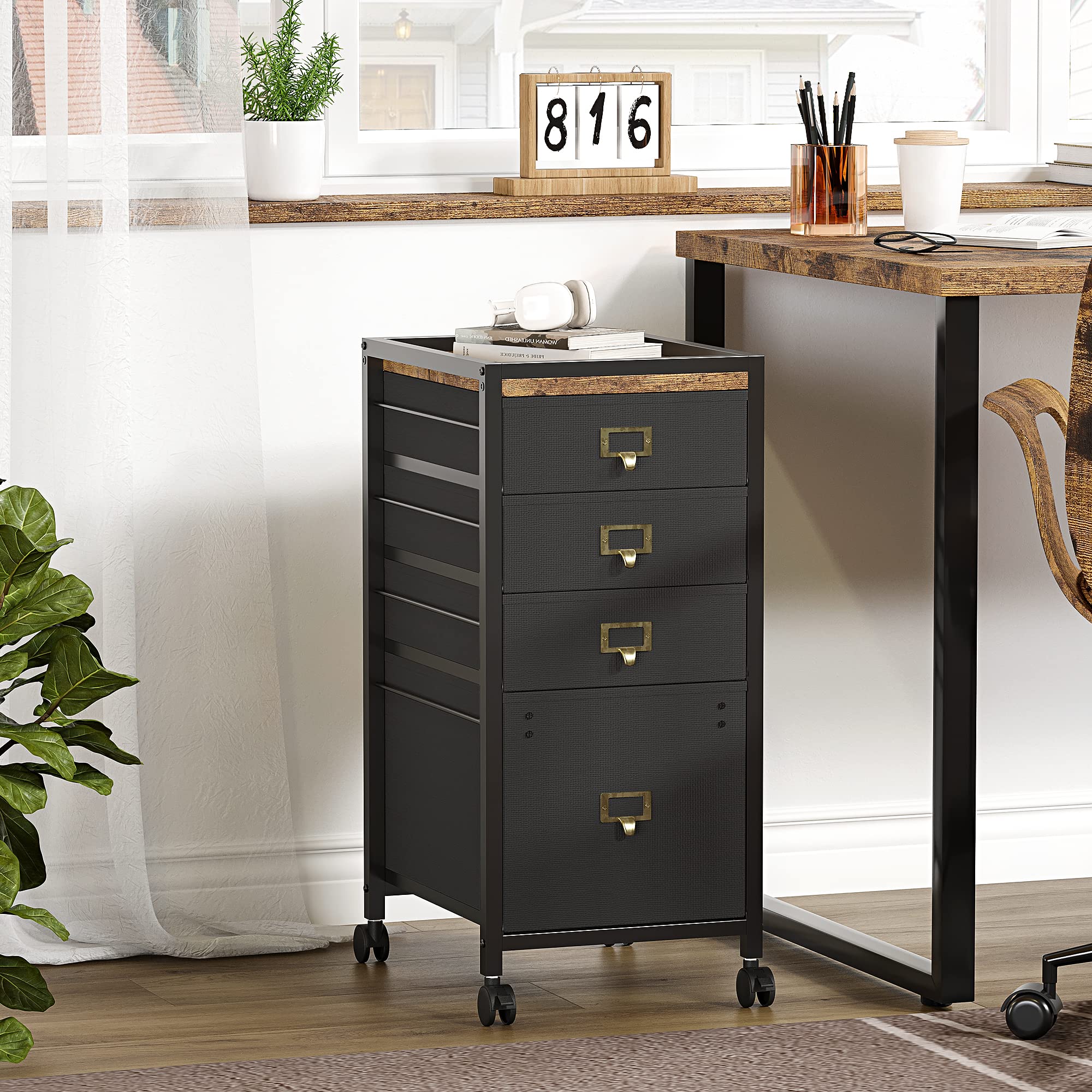 Garvee Cajonera Escritorio y Cajonera Oficina, Diseño contenedor con ruedas con 4 cajones Compacto y Funcional, para Oficina en Casa, Color Negro,30×38×67 cm