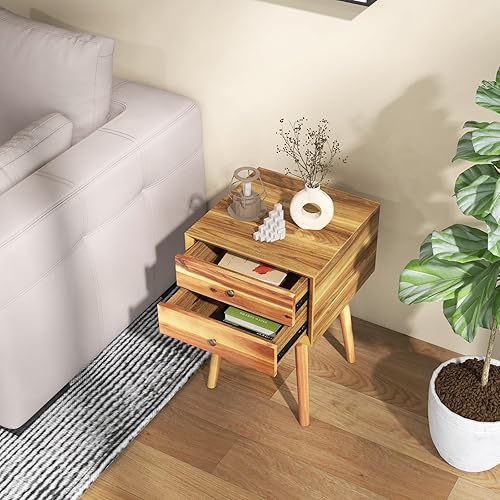 Miniatura 9 de GIANTEX - Mesa auxiliar con cajones y almacenamiento, mesa auxiliar de madera estilo Mid Century multiusos para dormitorio, sala de estar, muebles