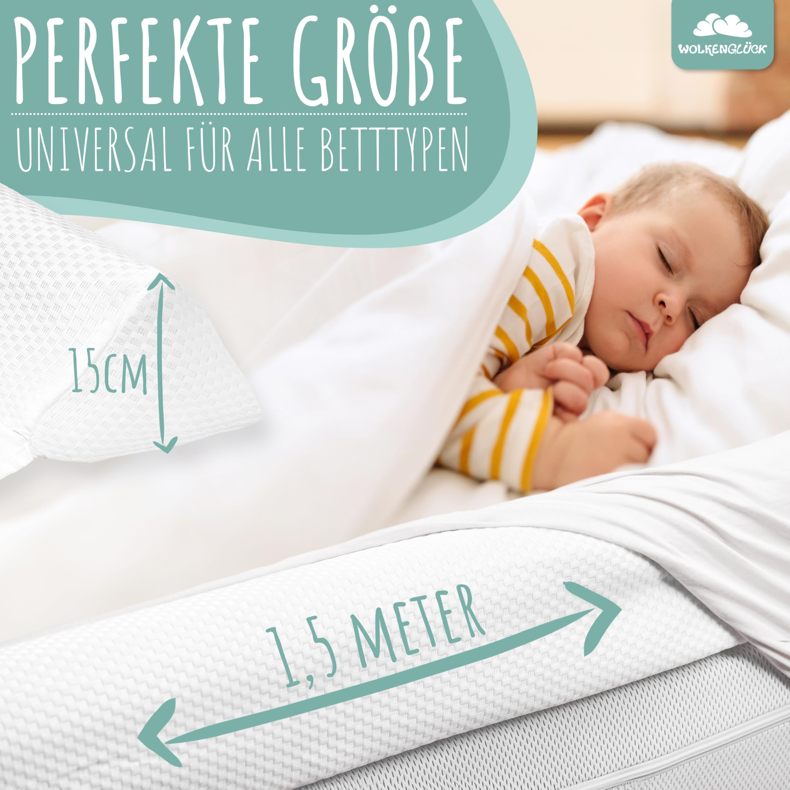 WOLKENGLÜCK® Aufblasbarer Rausfallschutz Bett [150 cm] - Bettkantenschutz für Babys & Kinder - geeignet für alle Betten - inkl. Luftpumpe [ideal für die Reise]