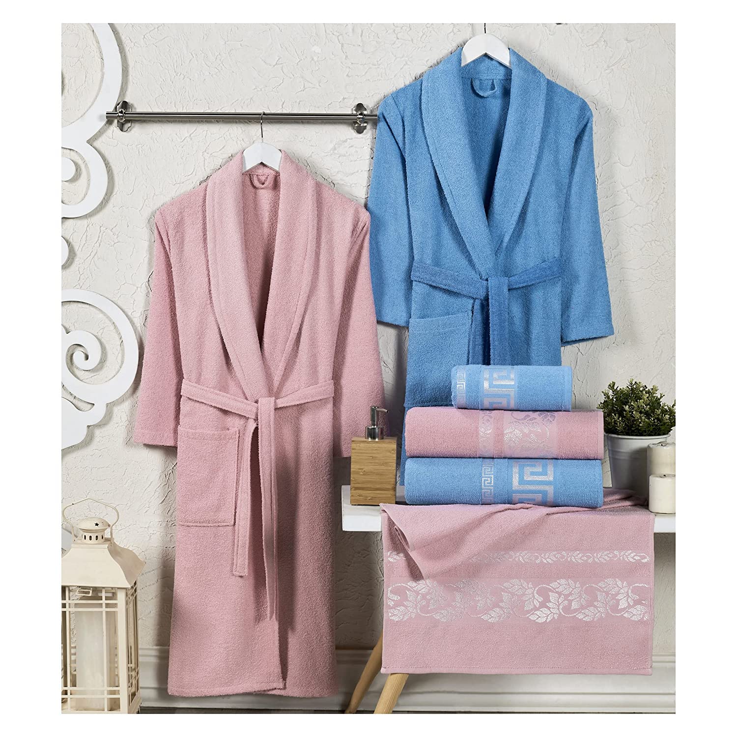 My VITA 6-Piece Turkish Cotton Family Bathrobe Set Couple Bathrobe Set Bridal Shower Gift Set with Matching Bath Towels and Hand Towels comes in an Attractive Gift Box with Easy Holder (Pink-Sky Blue)