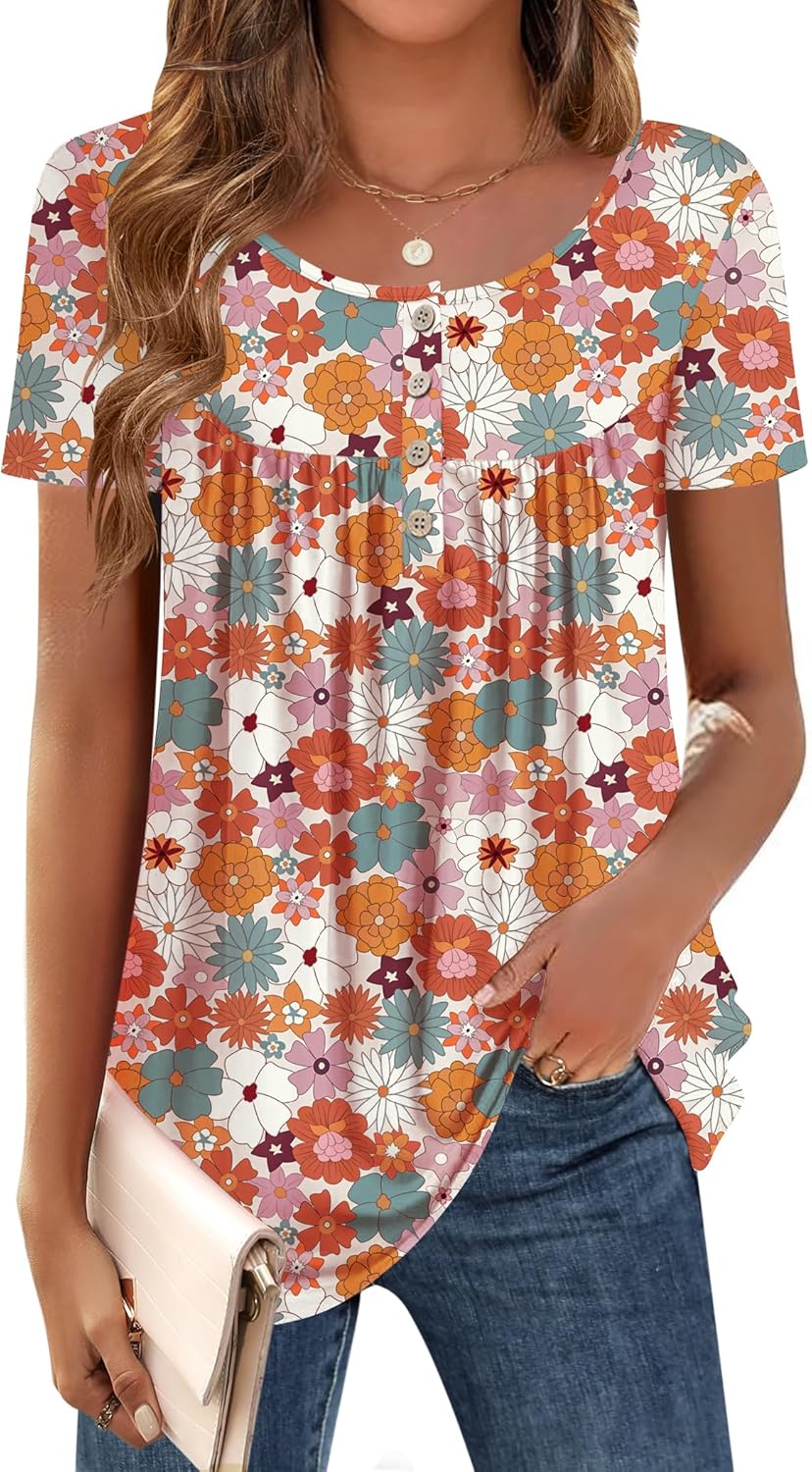 Zeagoo Women Tunic Tops Dressy Casual Summer Short Sleeve Shirts Floral Loose Fit Pleated Boho Top S-XXL