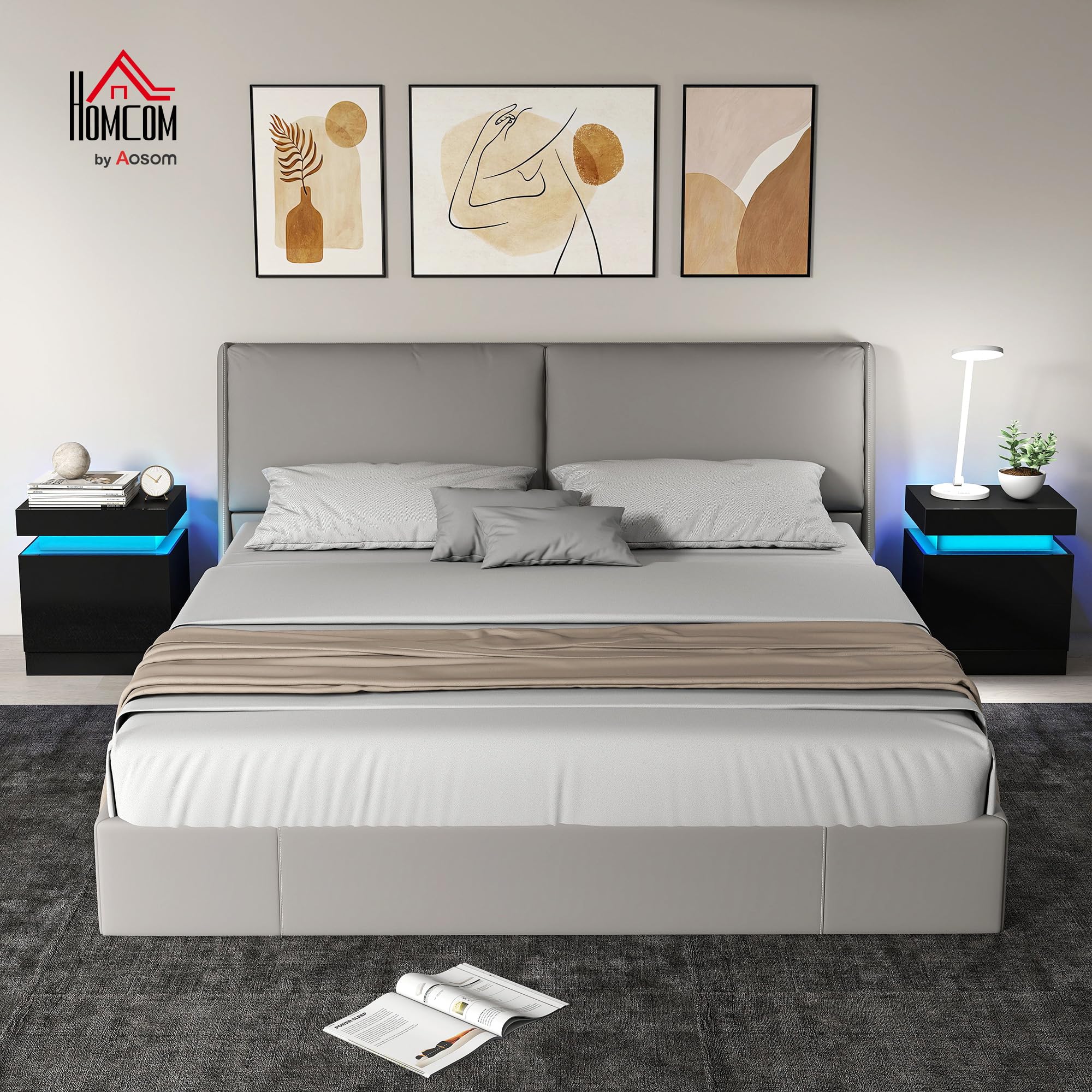 HOMCOM Set di 2 Comodini Camera da Letto con LED 45x35x52 cm Nero Lucido | 16 Colori, 4 Modalità, Coppia di Comodino Salvaspazio, 2 Cassetti, Tavolini per Camera da Letto