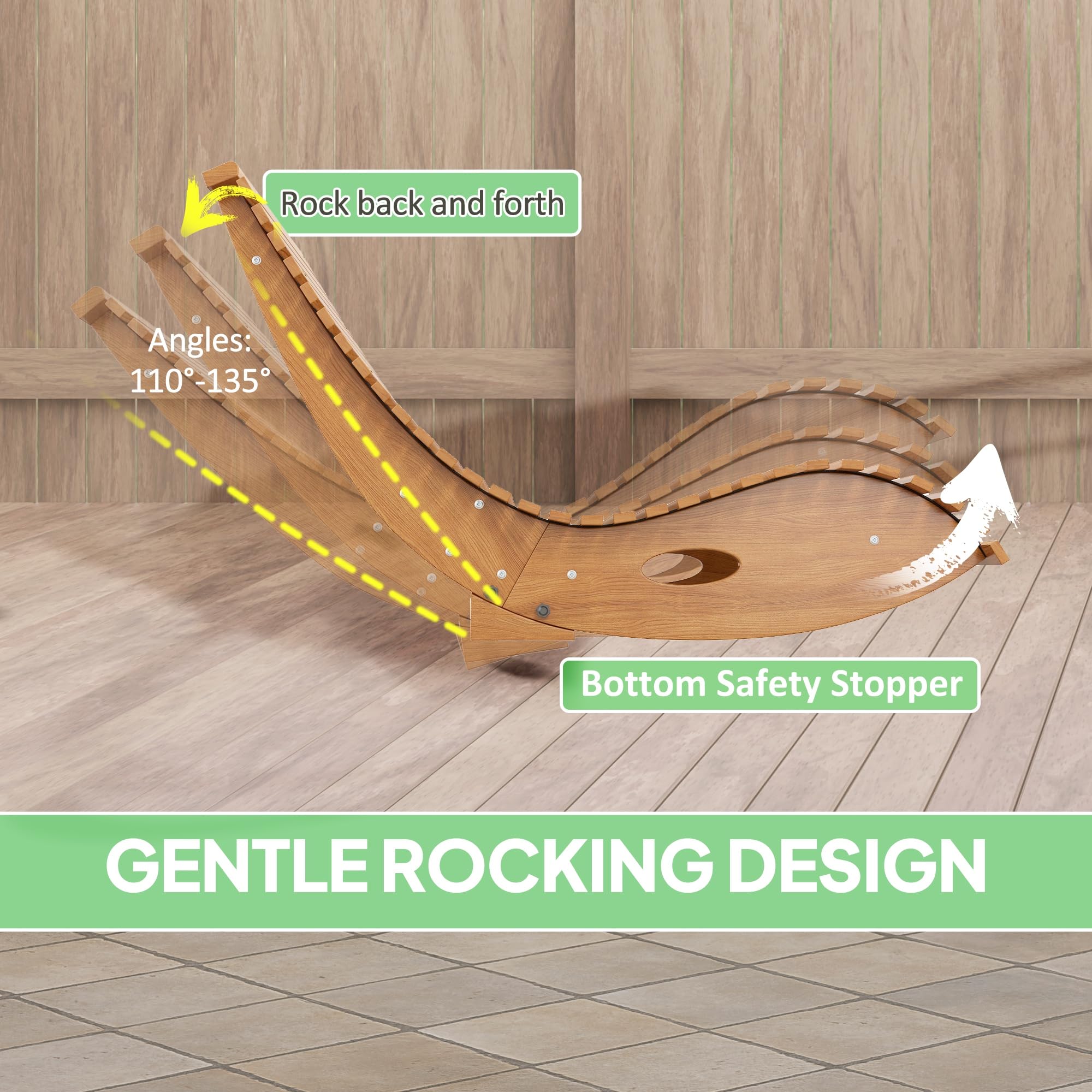 Silla mecedora para exteriores, silla mecedora de madera en forma de S con asiento de listones y respaldo alto, tumbona mecedora para patio, porche, patio trasero, jardín, teca 3