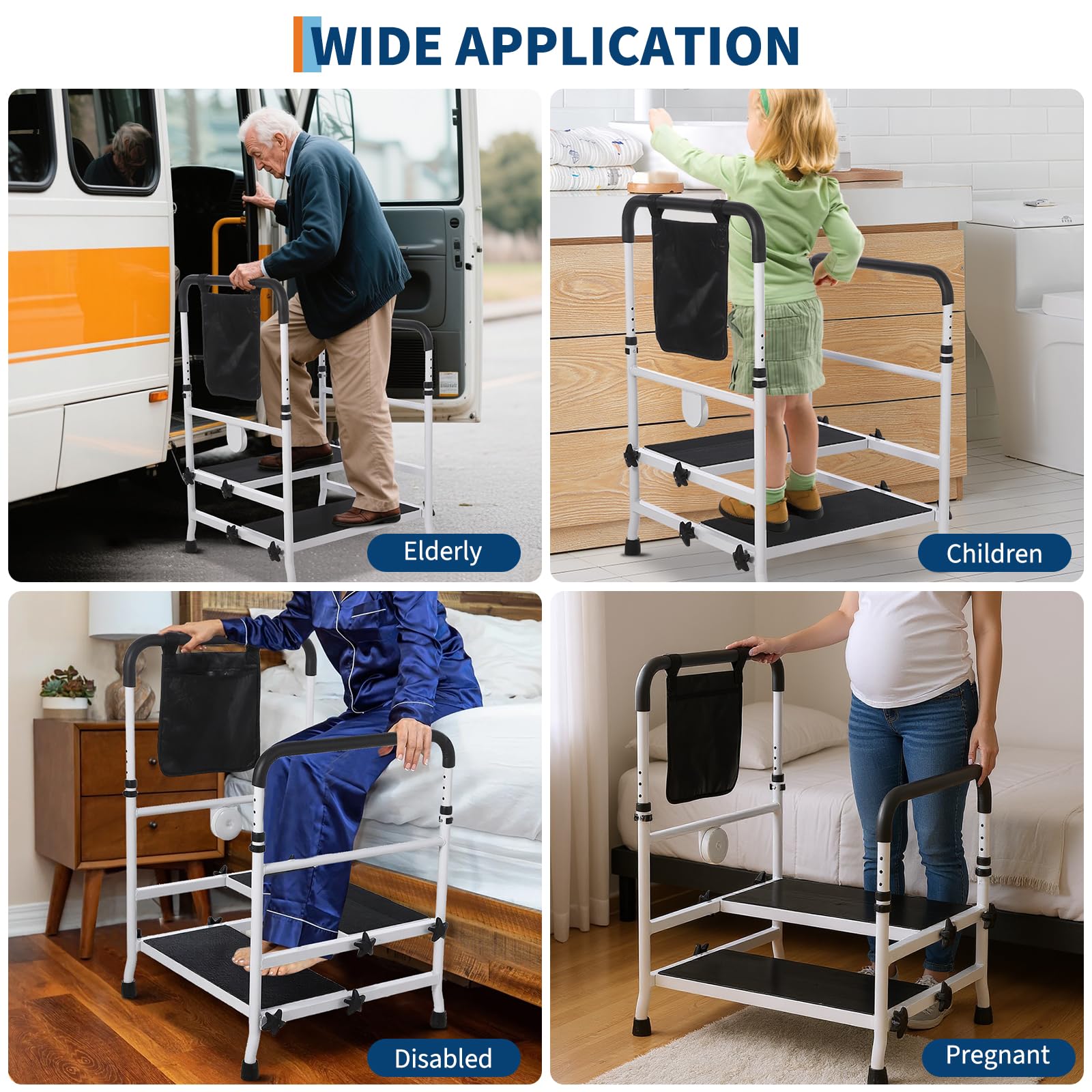 GarveeHome Robuster 2-Stufen Stahltritt Mit Verstellbarem Rutschfestem Geländer, 204 kg Tragfähigkeit, Bettnahe Mobilitätshilfe Für Senioren, ältere Oder Behinderte Personen, Schlafzimmer, Bad Küc