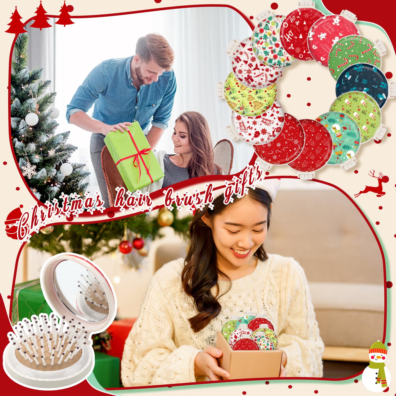 Thyle 12 cepillos de Navidad con espejo, mini cepillo desenredante plegable, regalo para Navidad, mini cepillos de pelo de viaje, accesorios para niñas, regalos de vacaciones, rellenos de calcetines