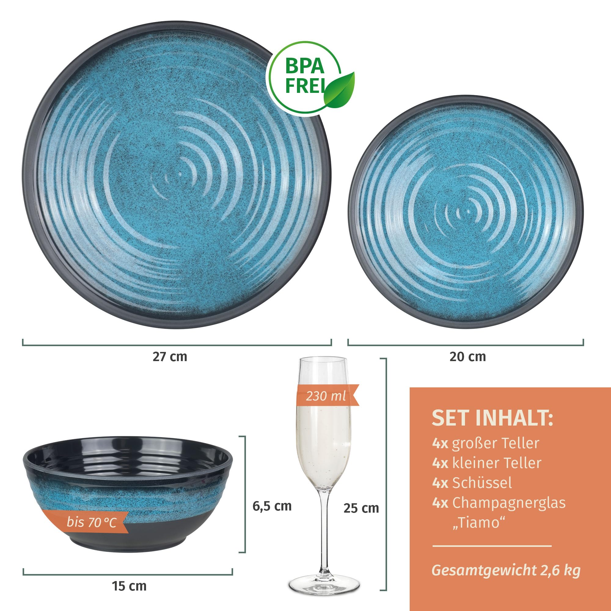 Set di stoviglie da campeggio in melamina, per 4 persone, colore blu pietra + 4 bicchieri Tiamo Champgner Flûtes da tavola, da picnic, barbecue, pentole