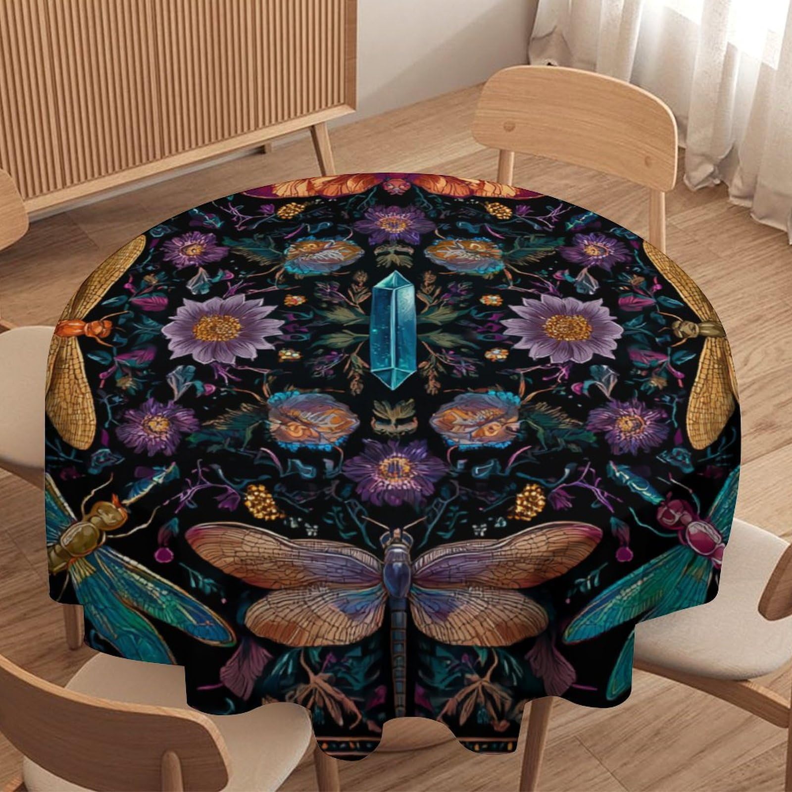 LUYYSKY Vintage Abstract Boho Dragonflies Waterproof Round Tablecloth Rustic Fantasy Animal Dragonfly Butterflies Floral Pattern Washable Table Cover for Kitchen-152.4" Wx152.4 L cm