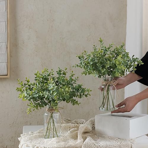 Miniatura 8 de Zheart Tallos de eucalipto falsos en jarrón de vidrio con agua sintética, plantas artificiales de 14 pulgadas, hojas de eucalipto para estantes,