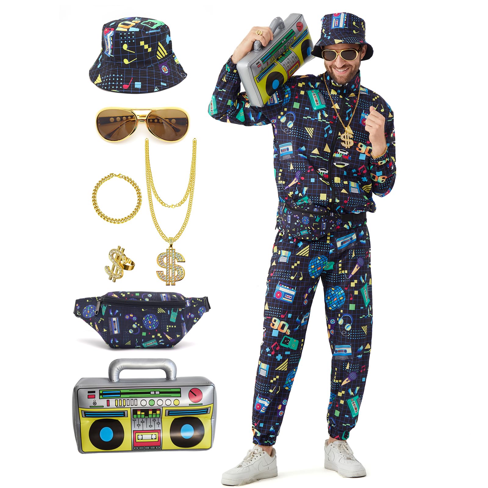 Ezuwail 80s Tracksuit Retro Jogging Suit Carnival 80s 90s Outfits 90s Outfit Men's Theme Party 9 Pieces (Black Blue/L)