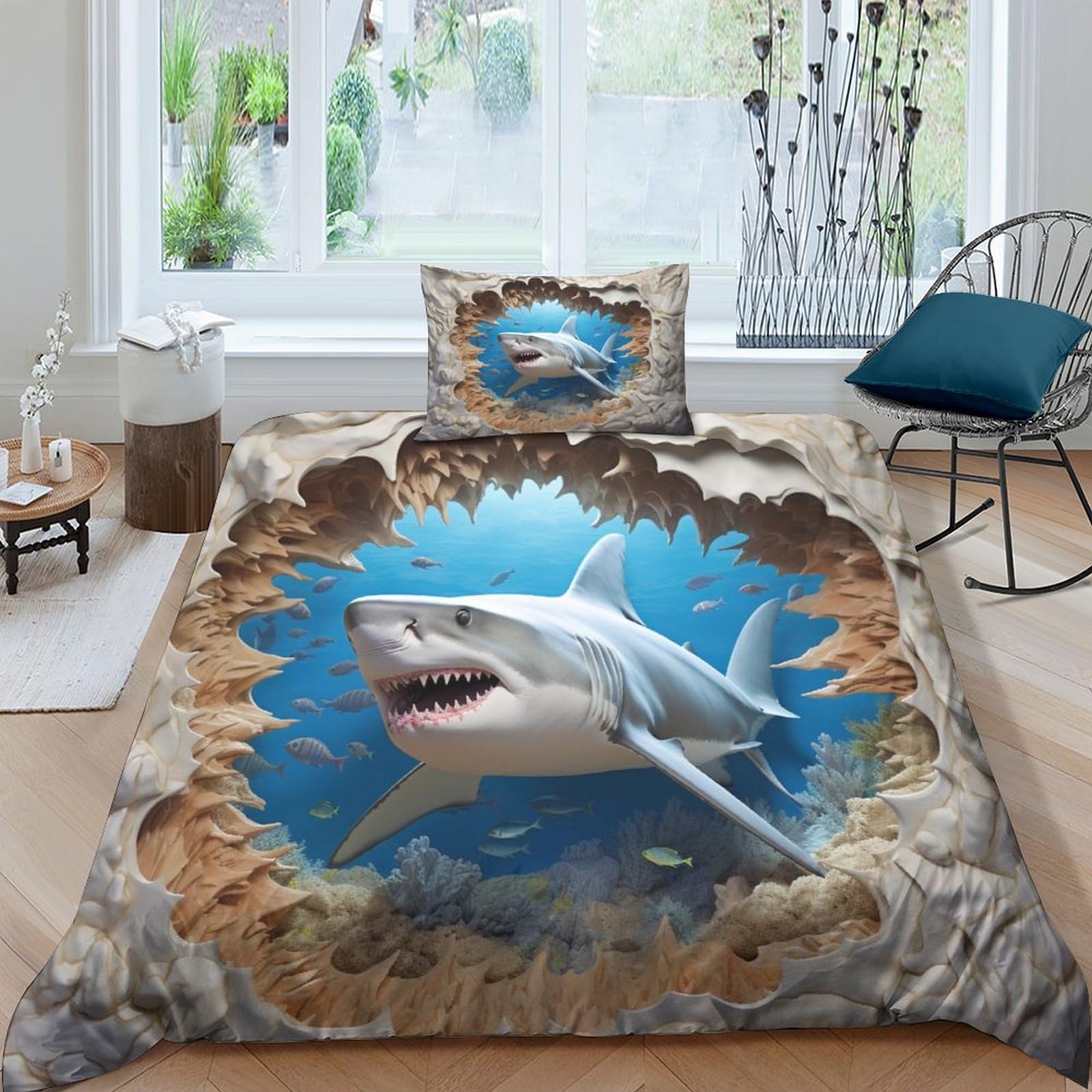 Bardys Boys Style-1 Great White Shark Hot Choice For ，Girls Bedding Set With Zipper Closure 3D Printed Comforter Cover 3D Visual Effects Duvet Cover Set Soft Microfiber Quilt Cover With Pillowcaser Single（135X200cm）