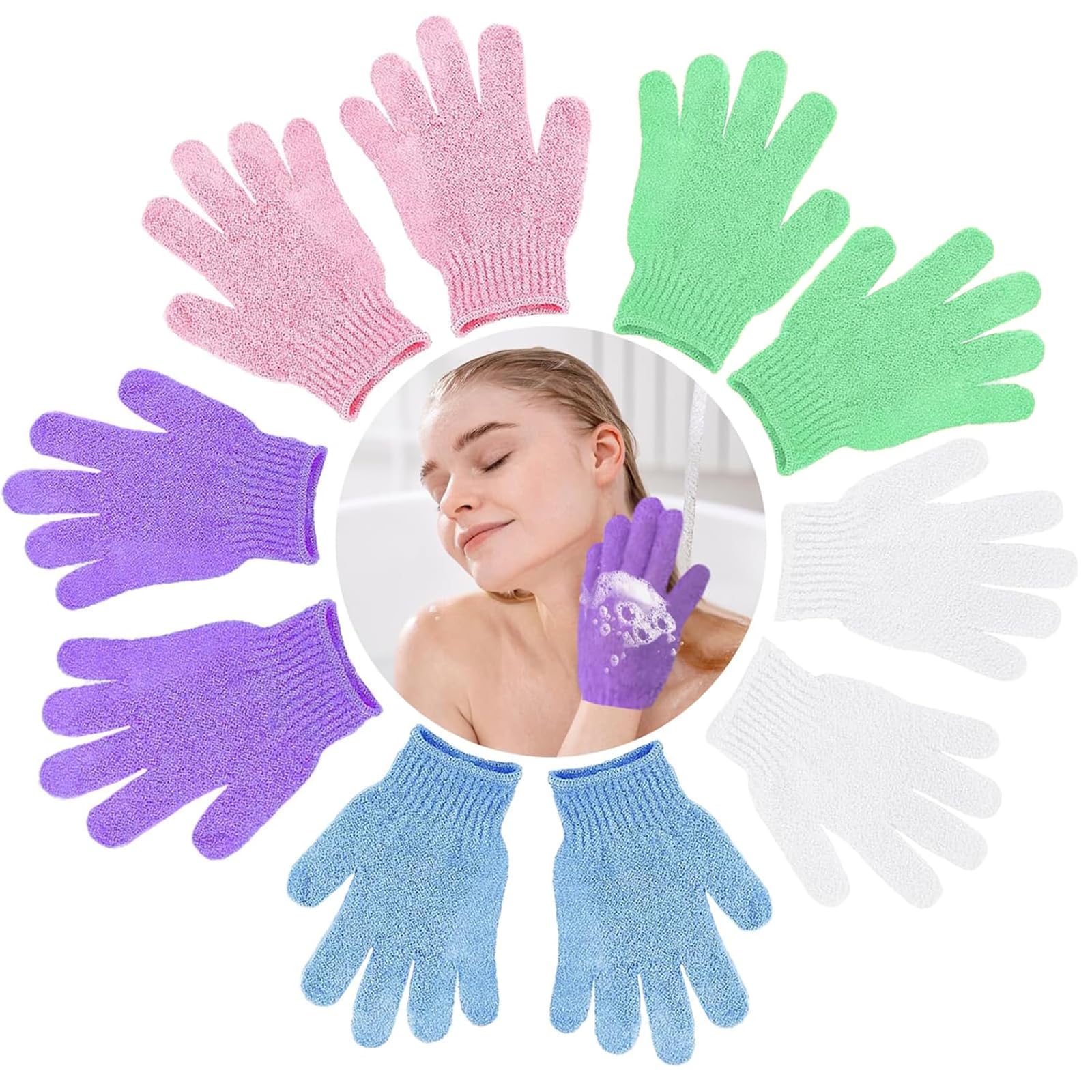 KEYRI Lot de 10 Gant Exfoliant Corps, Gants Gommage Corps Doux Gant Exfoliant Visage pour Hommes Femmes Et Enfants Gants De Bain à Cinq Doigts pour Exfoliation Douche (Blanc+Rose+Violet+Vert+Bleu)