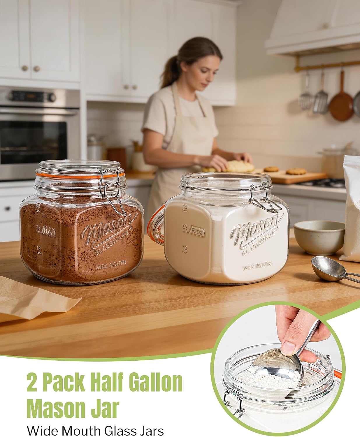 Half Gallon Mason Jar with Airtight Lid - Leakproof 64 Oz Wide Mouth Mason Jar for Sourdough Starter, Pickling, Flour Sugar Cookie Candy Storage, Pantry Organization and Kitchen Storage, 2 Pack