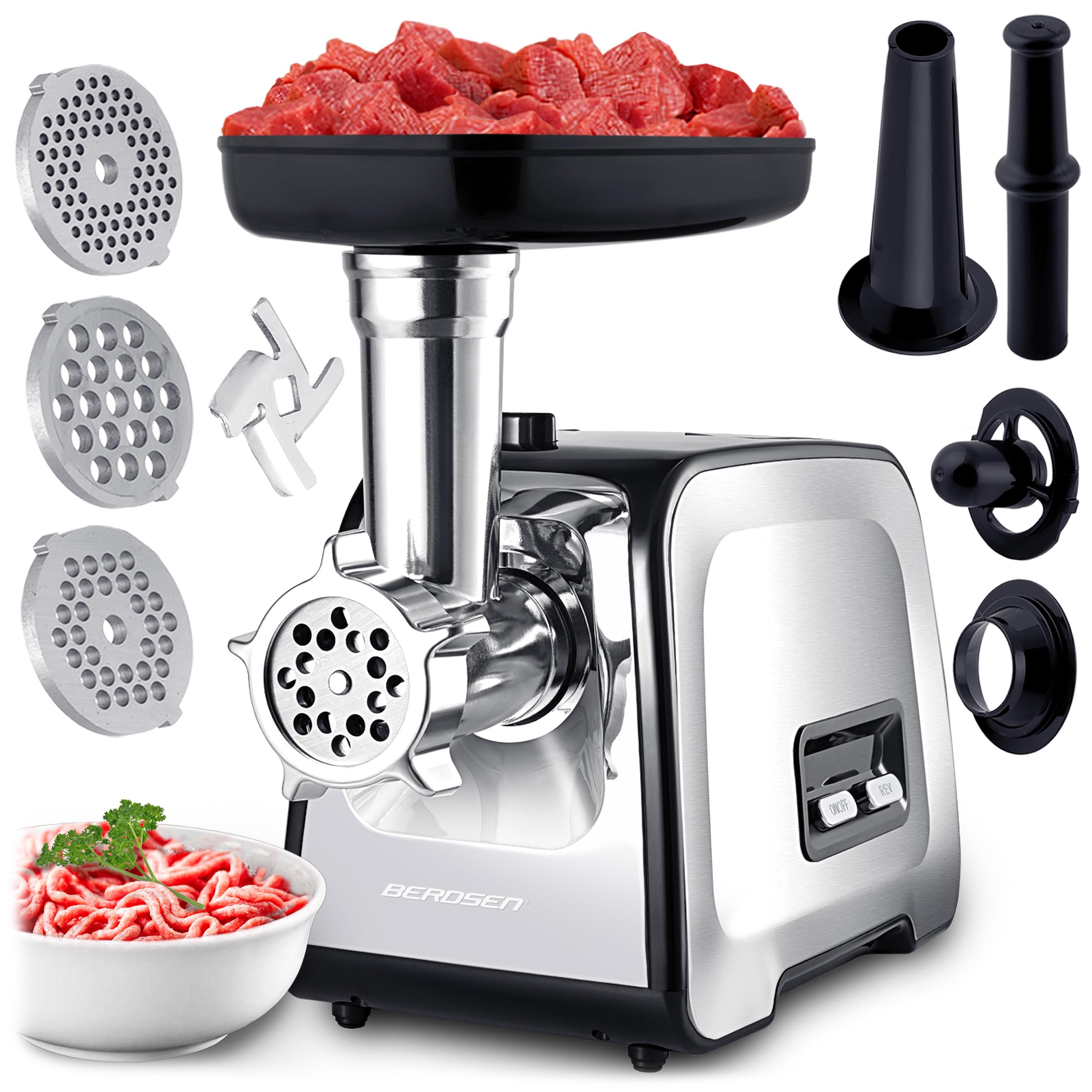 Berdsen Picadora de carne, juego eléctrico con accesorios, accesorios, accesorio para salchichas, hoyos, trituradora, 450/1200 W, plata