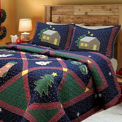 Cozy Line Home Fashions Juego de ropa de cama reversible con diseño de retazos de Navidad, color azul marino, silencioso, cielo estrellado, cabaña,