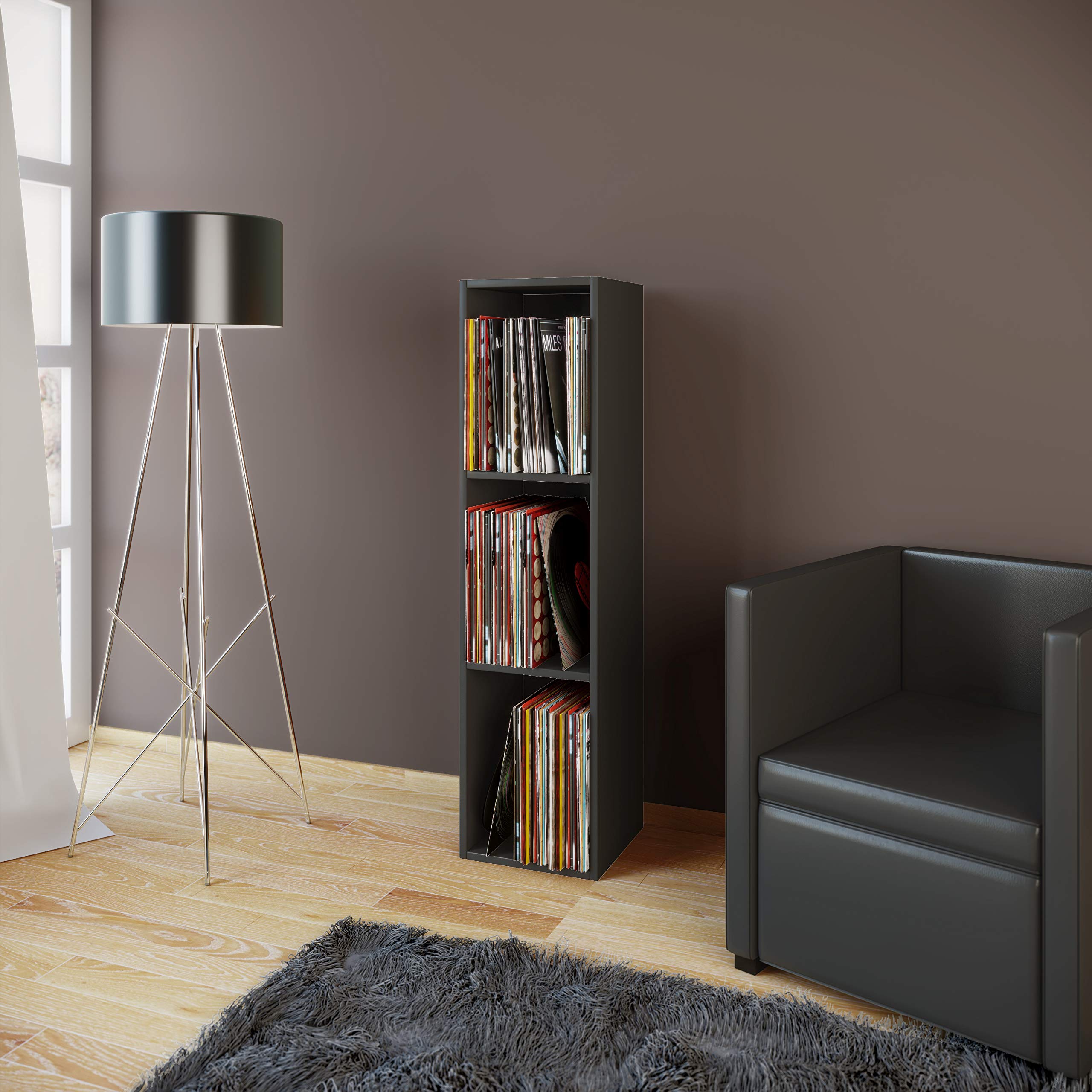VCM Meuble Tourne Disque Vinyle, riles Vinyle, Meuble Rangement Vinyle Bois Disques vinyles LP Stand Étagère d'archivage Support de Rangement Platto 3 Compartiments Noir