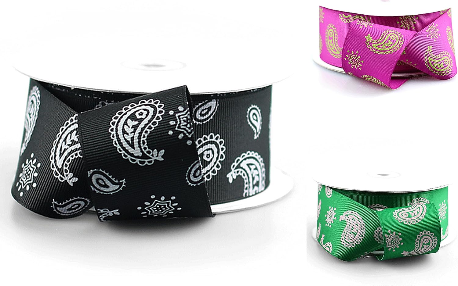 PoshNPretty 1.5 Printed Grosgrain Ribbon 25 Yards for Crafts and Decor (Black/White Paisley)