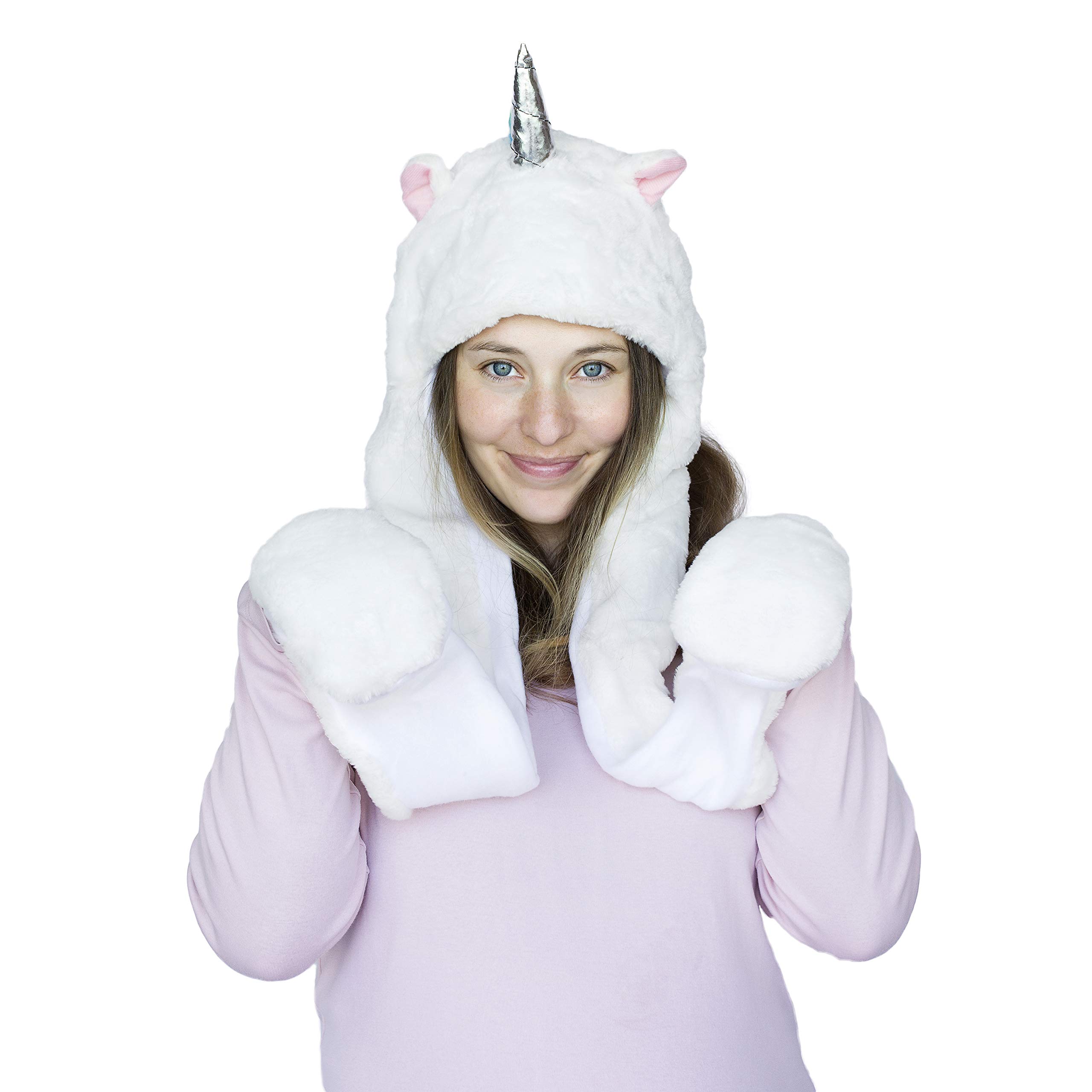Unisex Kids Teens Novelty Unicorn Plush Hat with Mittens Scarf Winter Rave Cosplay Party Snowboarding Hat