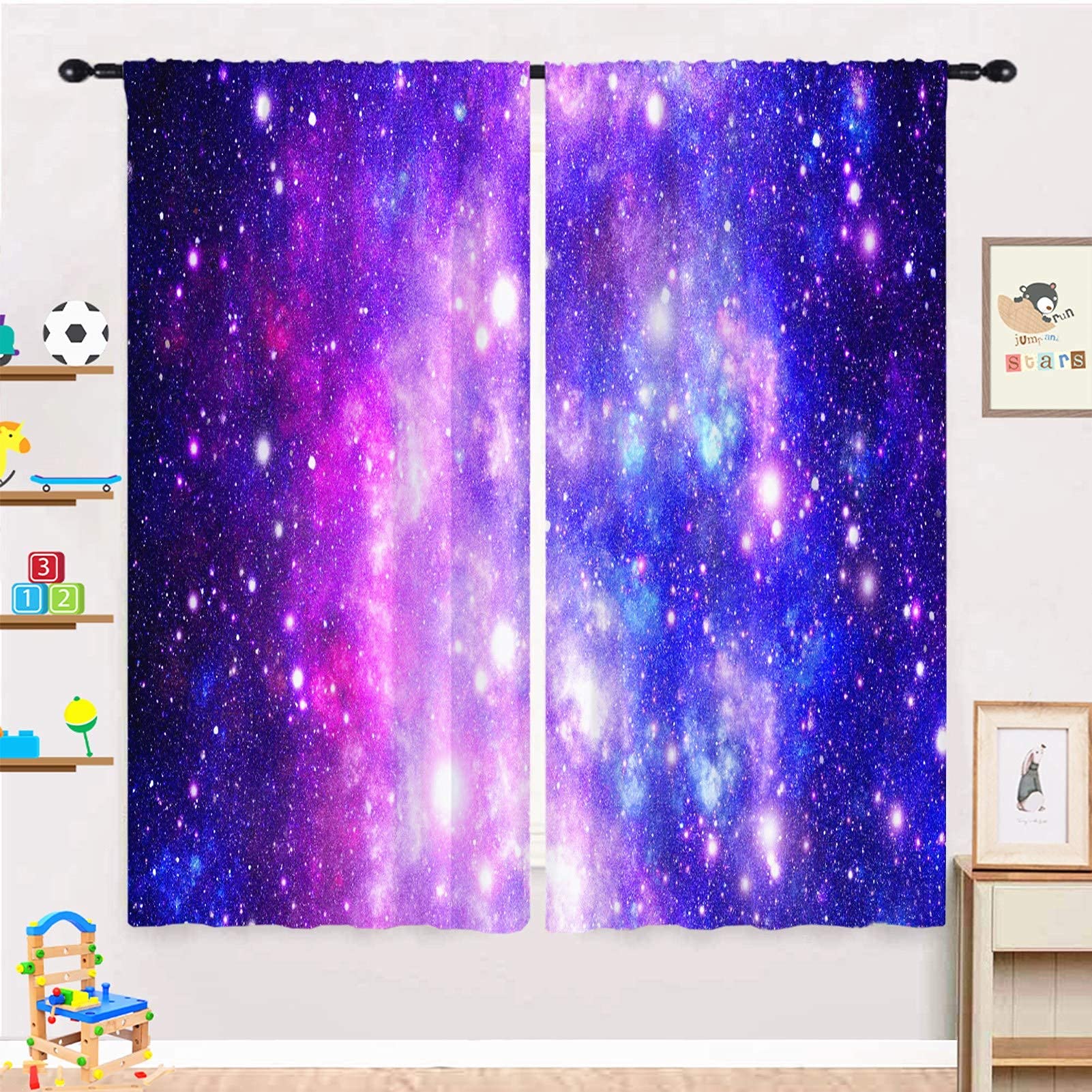 YUANZU Space Curtains, Universe Galaxy Stars Nebula Starry Sky Planet Print 3D Pattern Rod Pocket Thermal Insulated Blackout Curtains for Kids Boys Girls Bedroom Playroom, Set of 2 Panels 29.5" x 65"