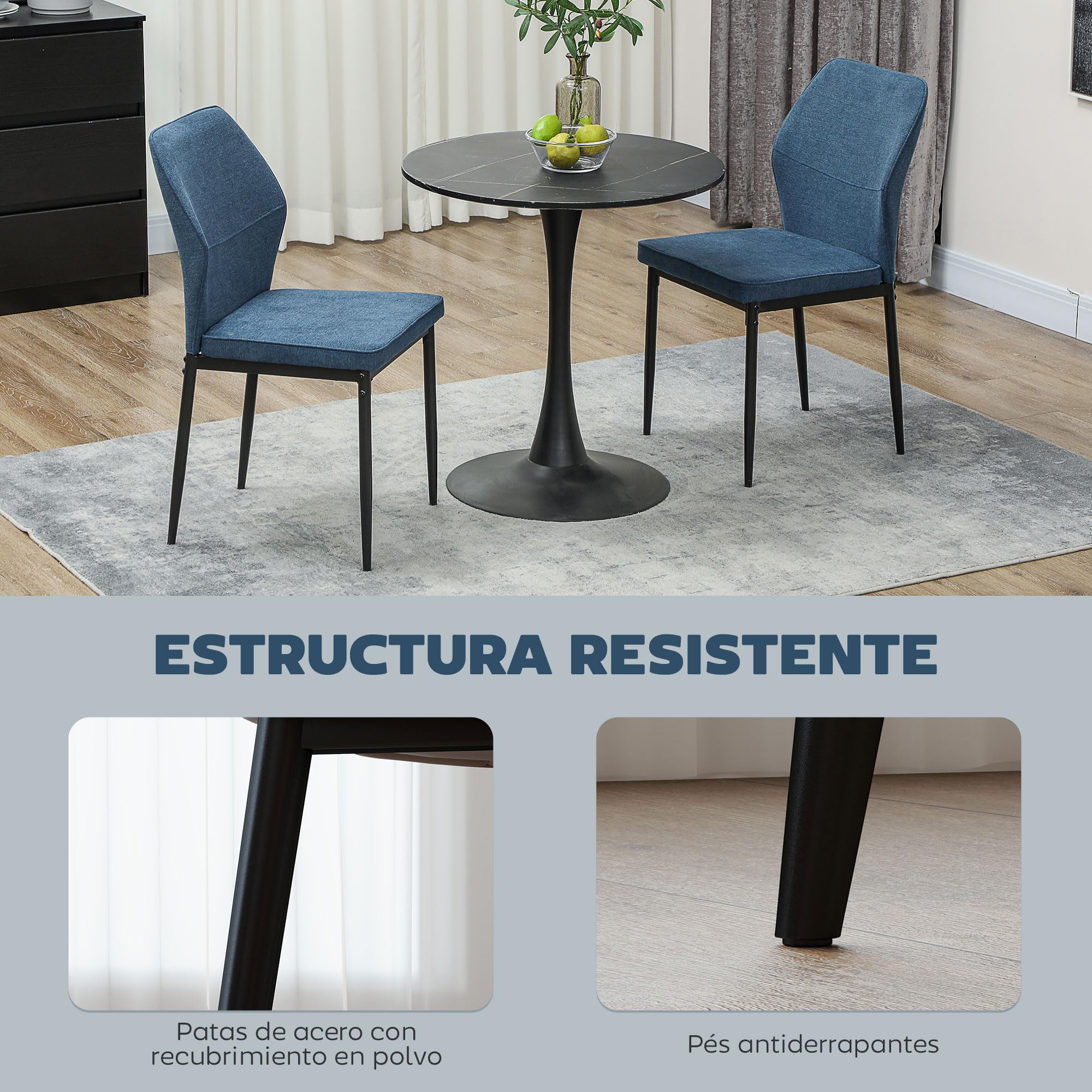 HOMCOM Juego de 2 Sillas de Comedor Modernas Sillas de Cocina con Asiento Acolchado y Tapizado Respaldo Curvo Patas de Acero para Salón Dormitorio Azul