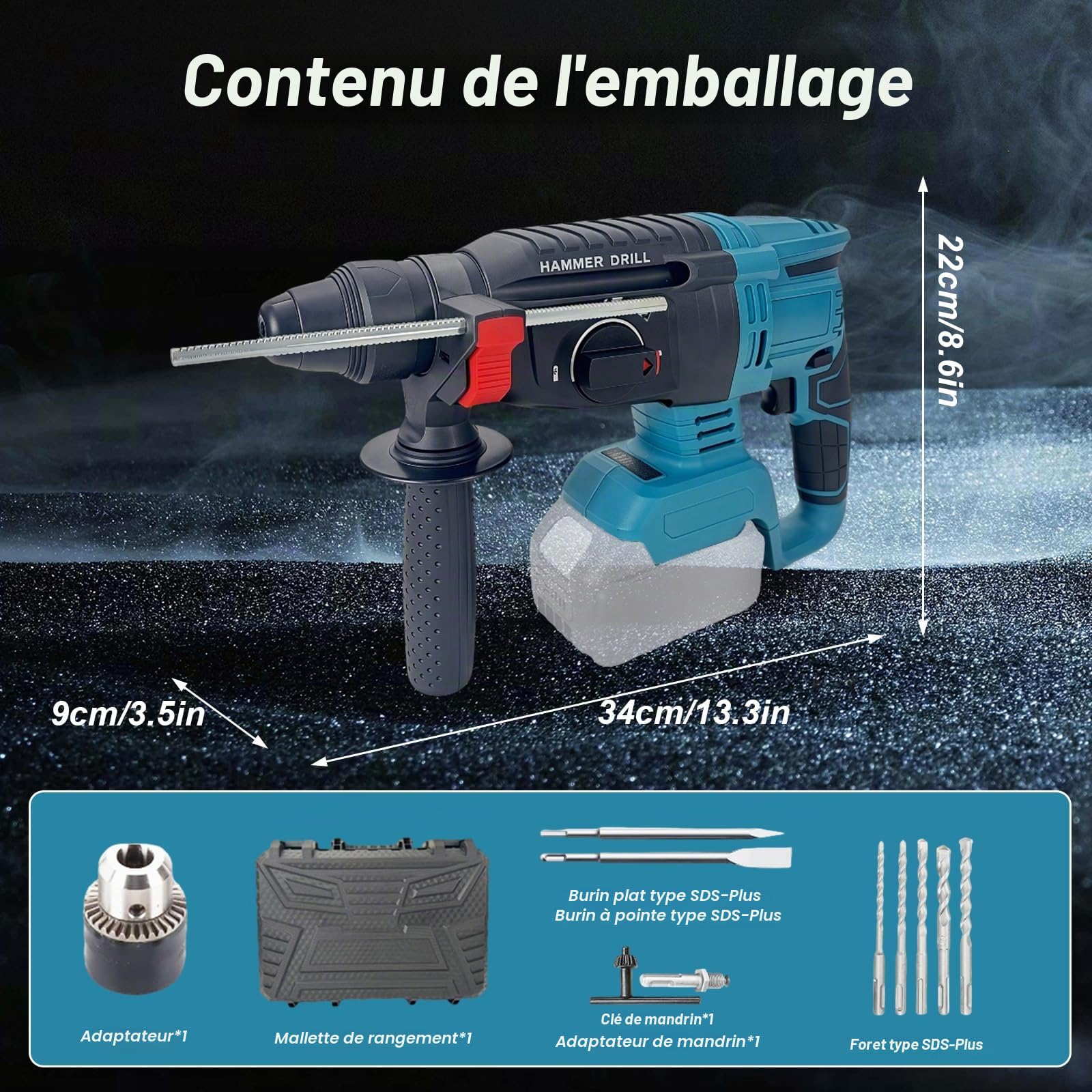2,6 J Perforateur sans fil Compatible avec Makita 18V, Marteau Perforateur 1300W sans Balais, Perforateur Burineur avec Poignée Antichoc pour le Béton/Maçonnerie/Bois (Batterie non Incluse)