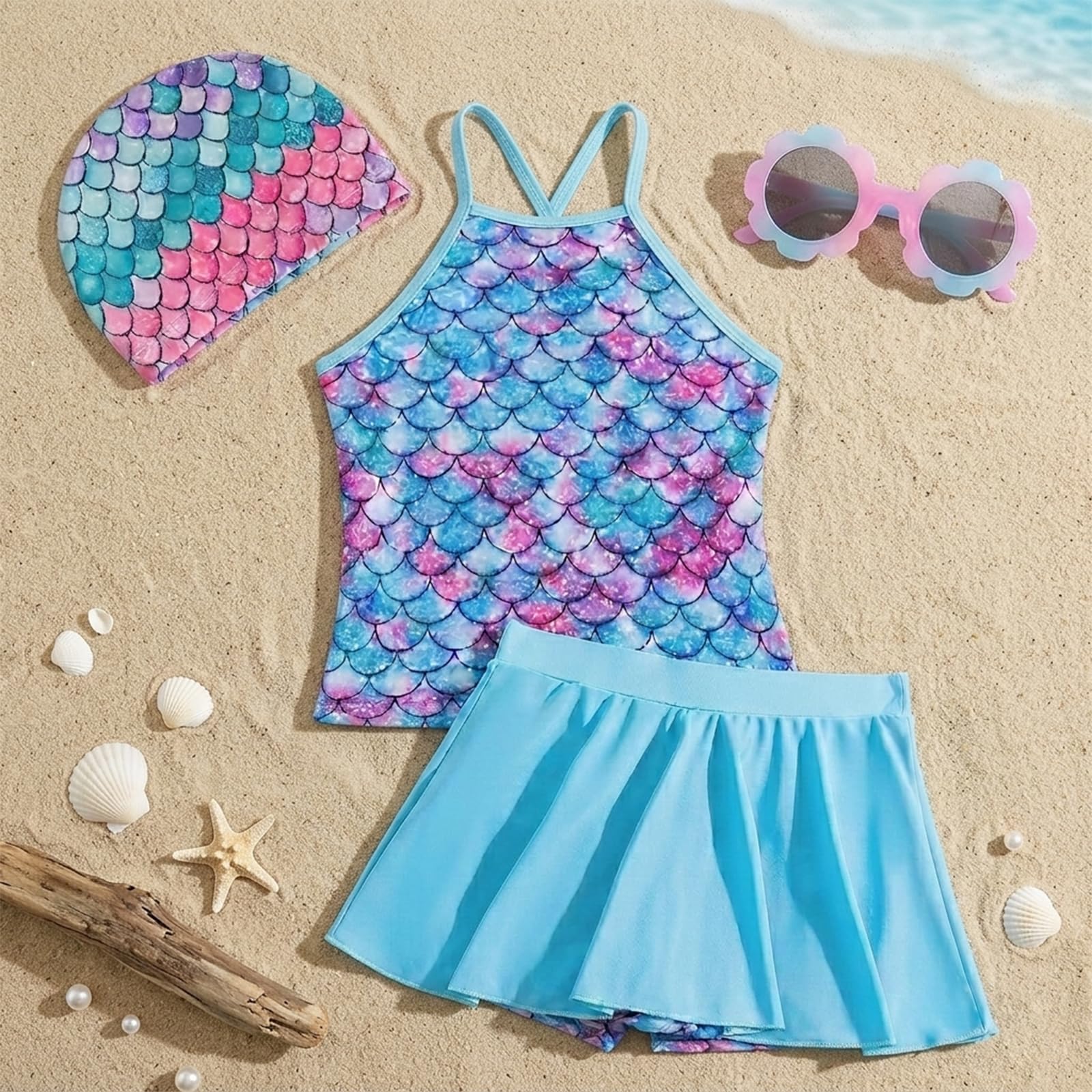 Costume da Bagno Bimba Tankini 4 Pezzi, Set Due Pezzi Design a Scaglie di Pesce con Gonna Pantaloncino, Cuffia e Occhialini, Outfit Estivo Vacanze Tema Oceano 5-6 Anni, Regalo di Compleanno