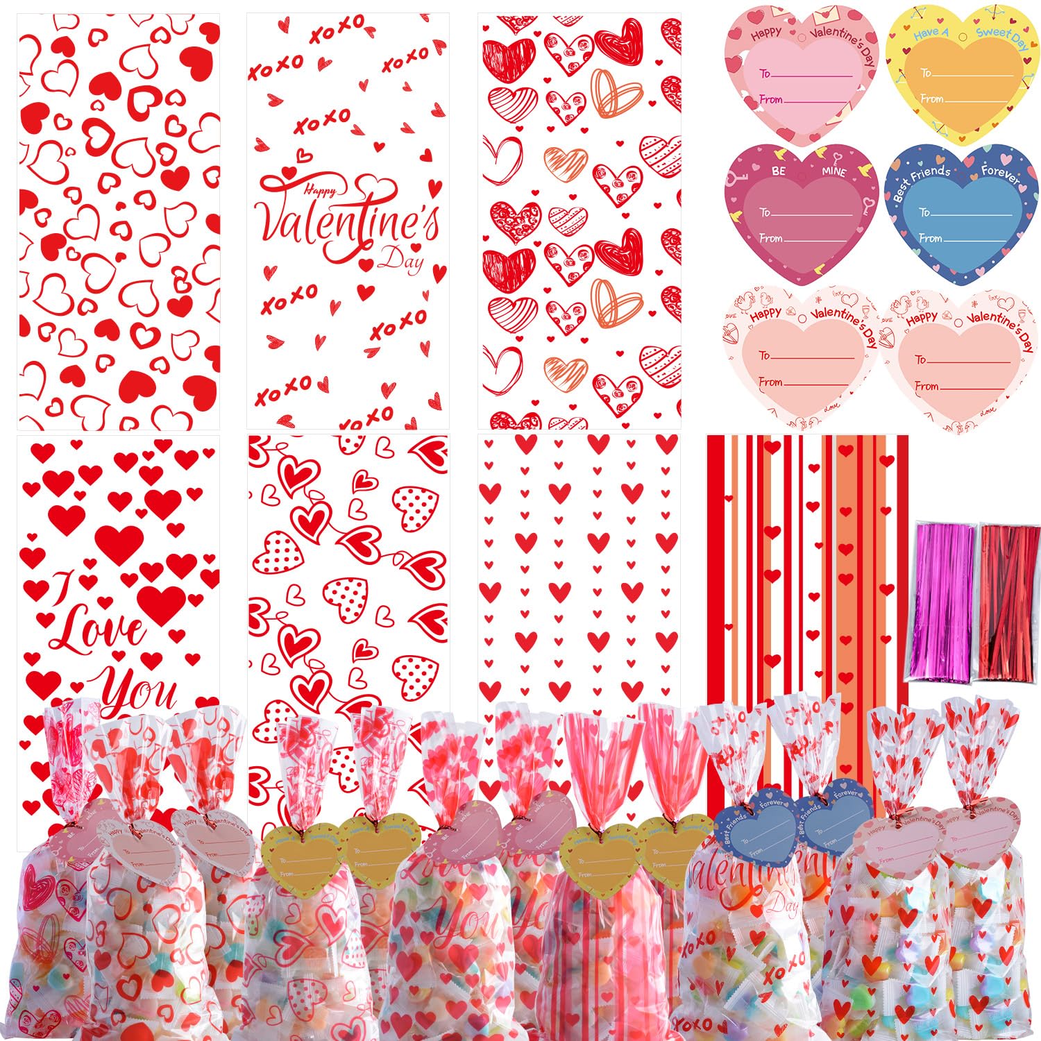 160 Sacchetti Regalo In Cellophane Per San Valentino, 7 Design Per Bambini, Con 30 Biglietti Regalo, Sacchetti Per Regali Di San Valentino, Con Laccetti Intrecciati, Forniture Per Feste Di San-image