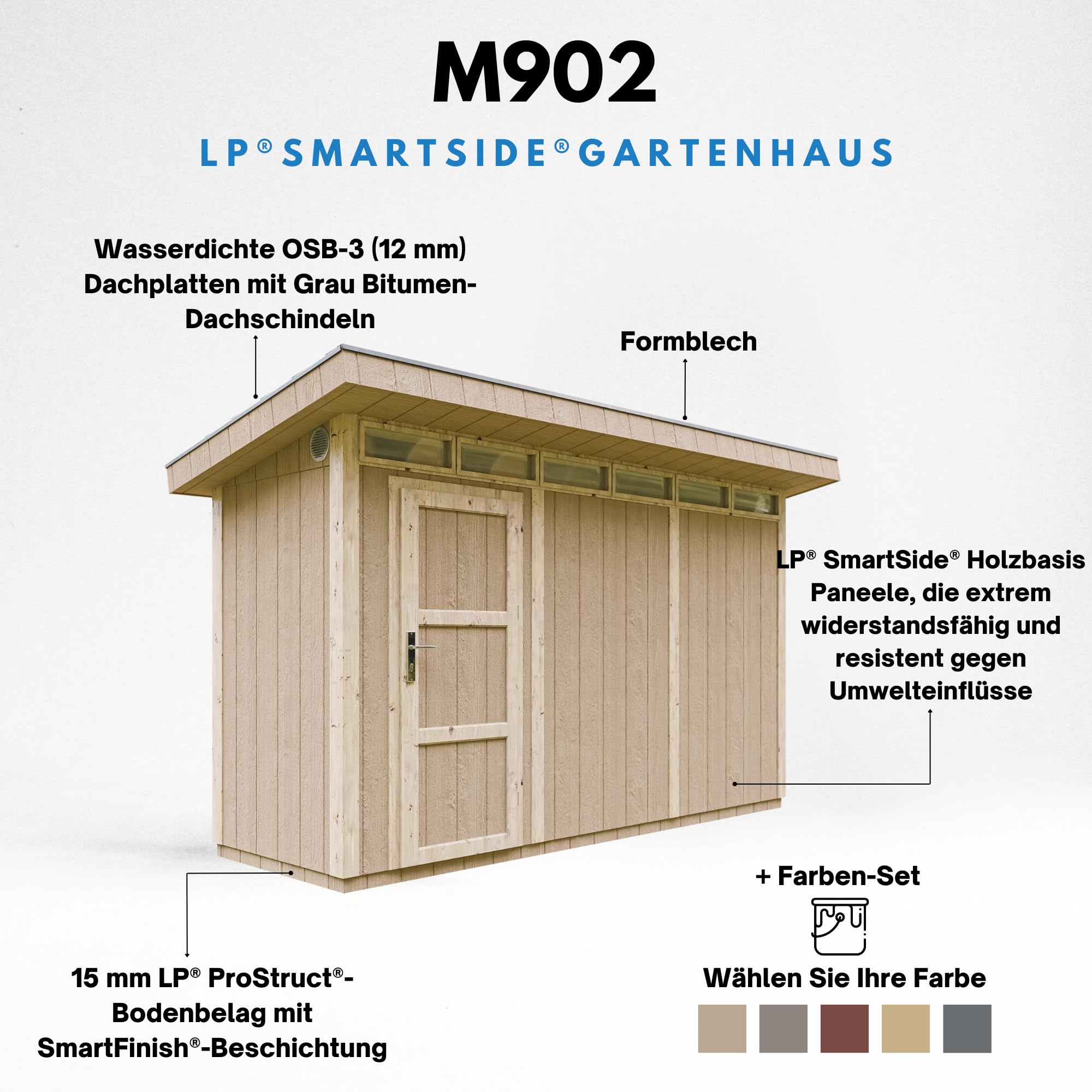 Domek narzędziowy 4,3 m² - Dł. 161 x Szer. 411 cm - Zestaw all-inclusive z podłogą, dachówką bitumiczną, zestawem do malowania - Wykonany z płyt drewnopochodnych LP Smartside - M902 TERRA BROWN