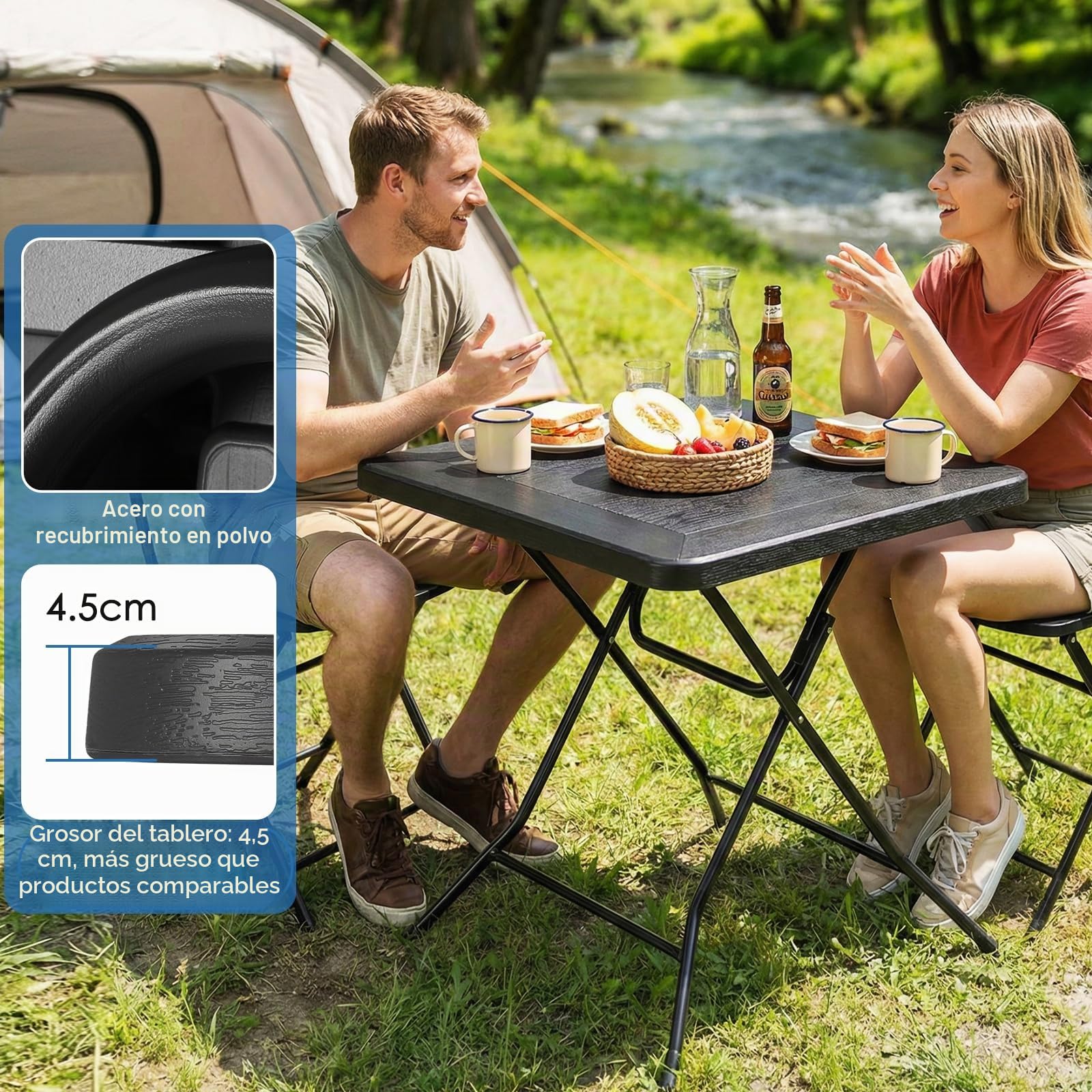 Mesa de Jardín 80 x 80 x 74 cm, Mesa Plegable Portátil, Estructura de Acero y Espesar HDPE, Resistente a la Intemperie, Mesa de Camping, Carga de 50kg, Mesa Exterior e Interior para jardín, Terraza