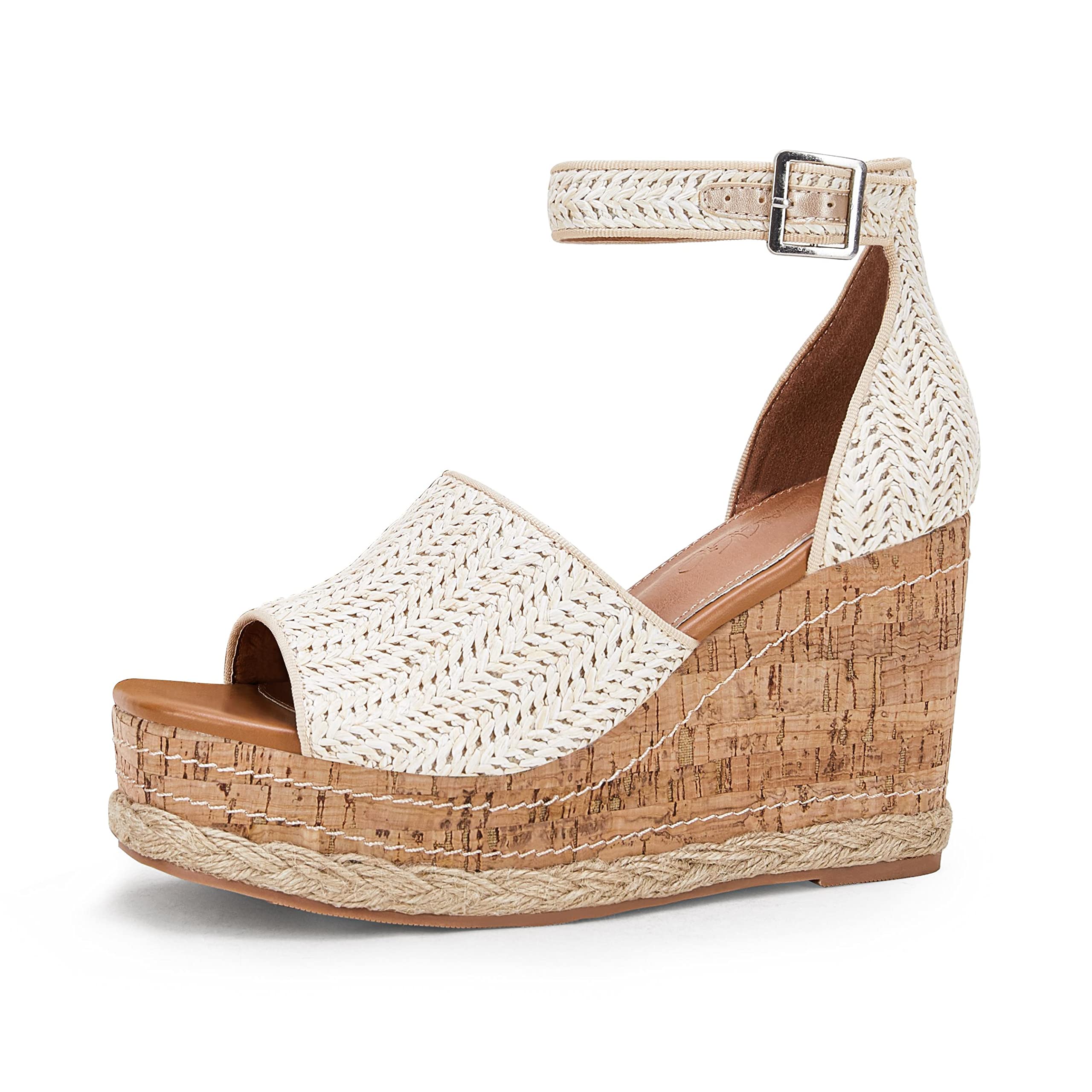 R.gallicaWomen's Wedge Platform Espadrille Sandals Braided Open Square Toe Ankle Buckle Strappy Cork Sole Summer Shoes