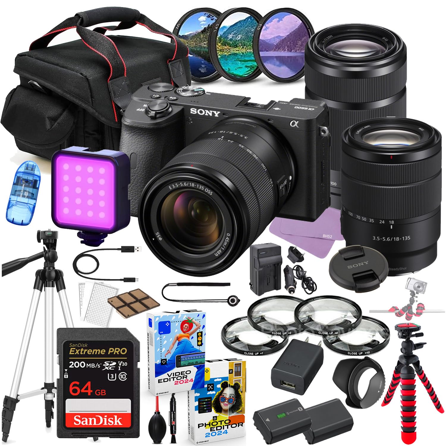 Sony a6600 Mirrorless Camera with 18-135mm & 55-210mm Lens Bundle + Premium Accessory Package Including 64GB Extreme Memory, Filters, Macros, LED, Photo-Video Software & More (36 Pieces)