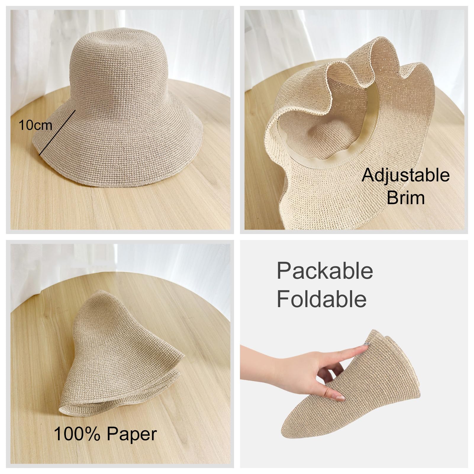 Set di cappello di paglia e borsa da donna, UPF 50+, cappello estivo a tesa larga, con borsa da spiaggia, pieghevole, set da viaggio per le vacanze