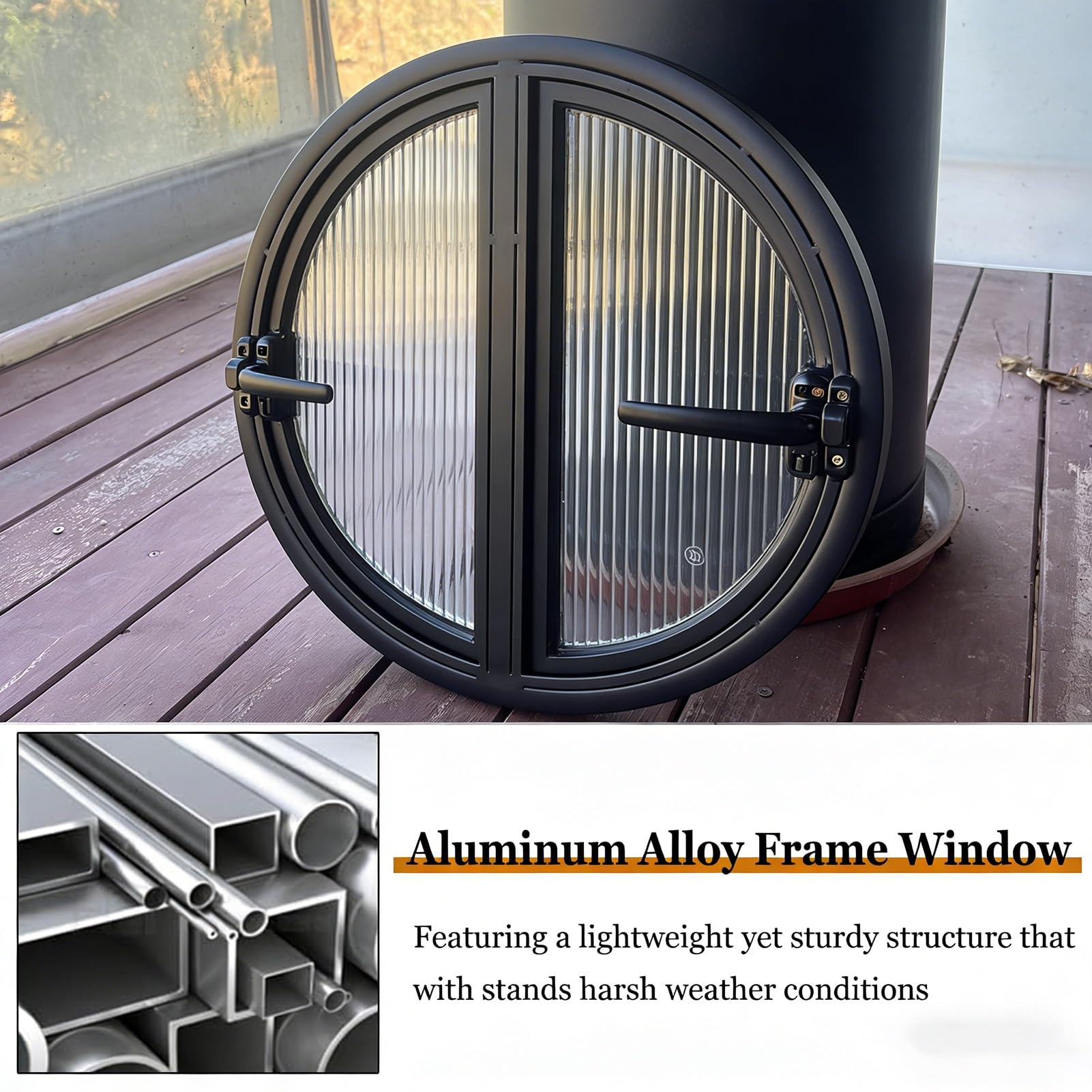 Ventana Ventana Abatible Redonda, Ventanas De Vidrio Transparente De Doble Apertura con Mango para Baño, Sala De Estar, Cocina, Decoración del Hogar(Black,107 cm/42.1 in)