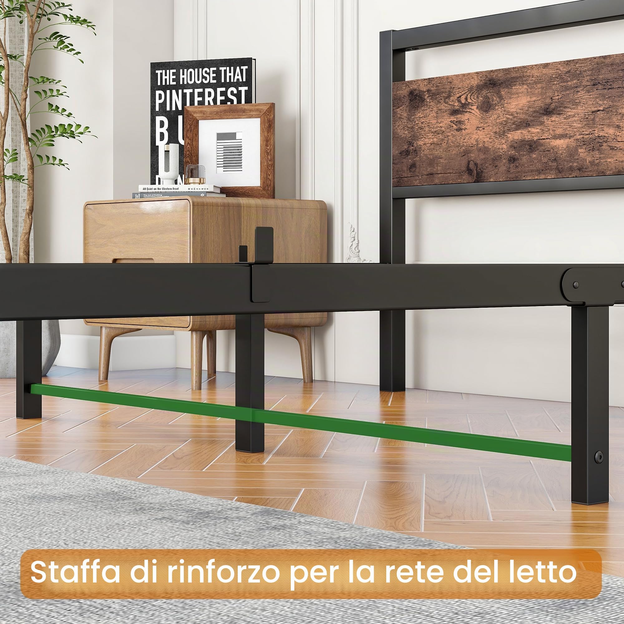 Telaio letto 160 x 200 cm, in metallo e legno, letto in metallo con rete a doghe, letto per ragazzi e ragazzi, 160 x 200 cm, con testiera, in metallo marrone e nero
