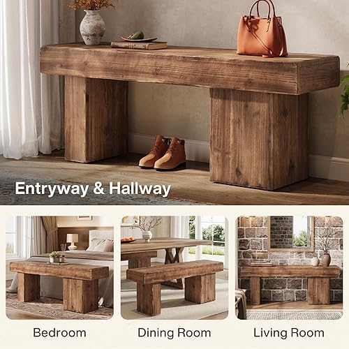 Miniatura 5 de Banco de madera maciza gruesa, banco de entrada rústico de 47 pulgadas con patas artísticas, banco de comedor resistente para cocina, sala de estar,