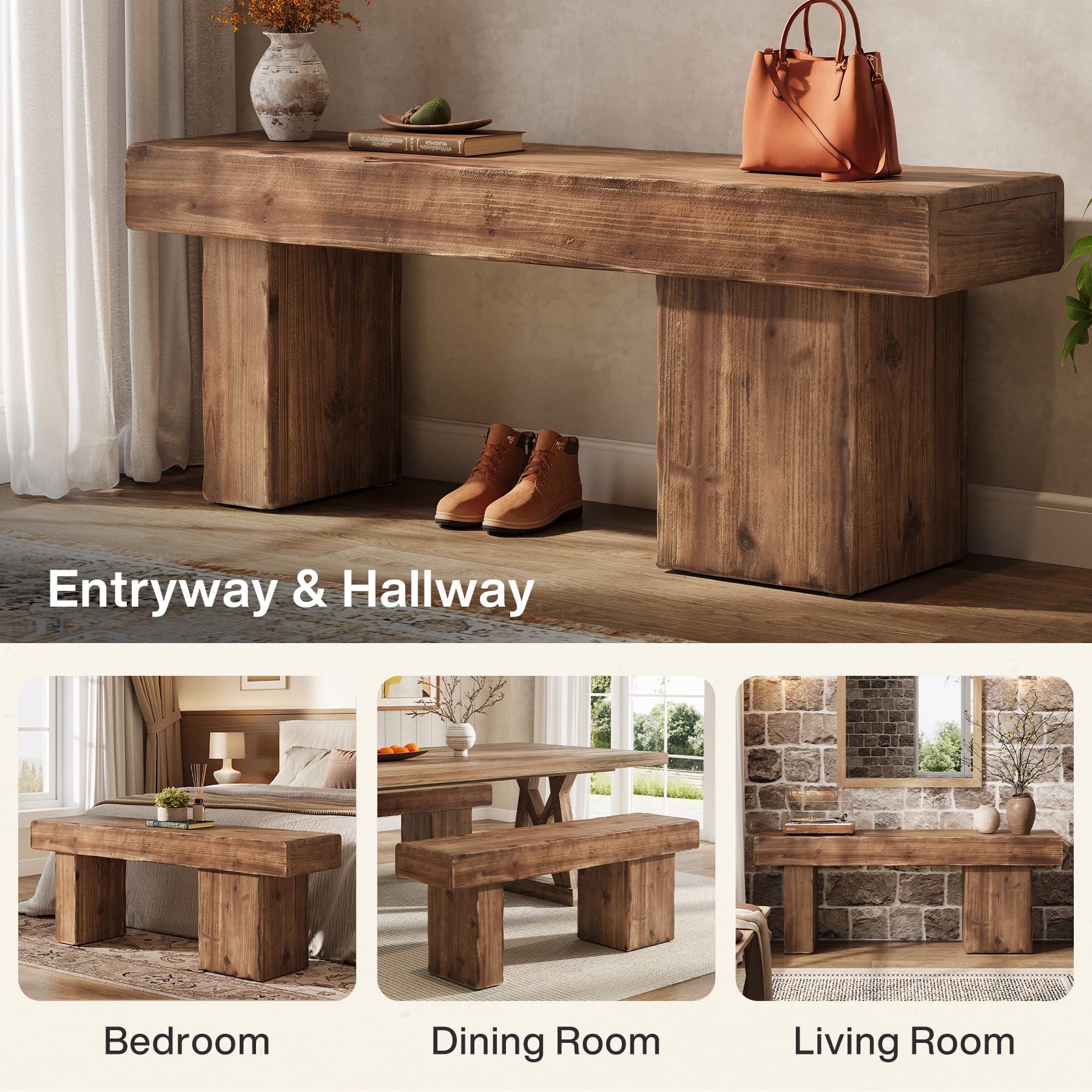Thickened Solid Wood Bench, 47" Rustic Farmhouse Entryway Bench with Artistic Legs, Heavy Duty Dining Bench for Kitchen, Living Room, Hallway, End of Bed, Natural Wood