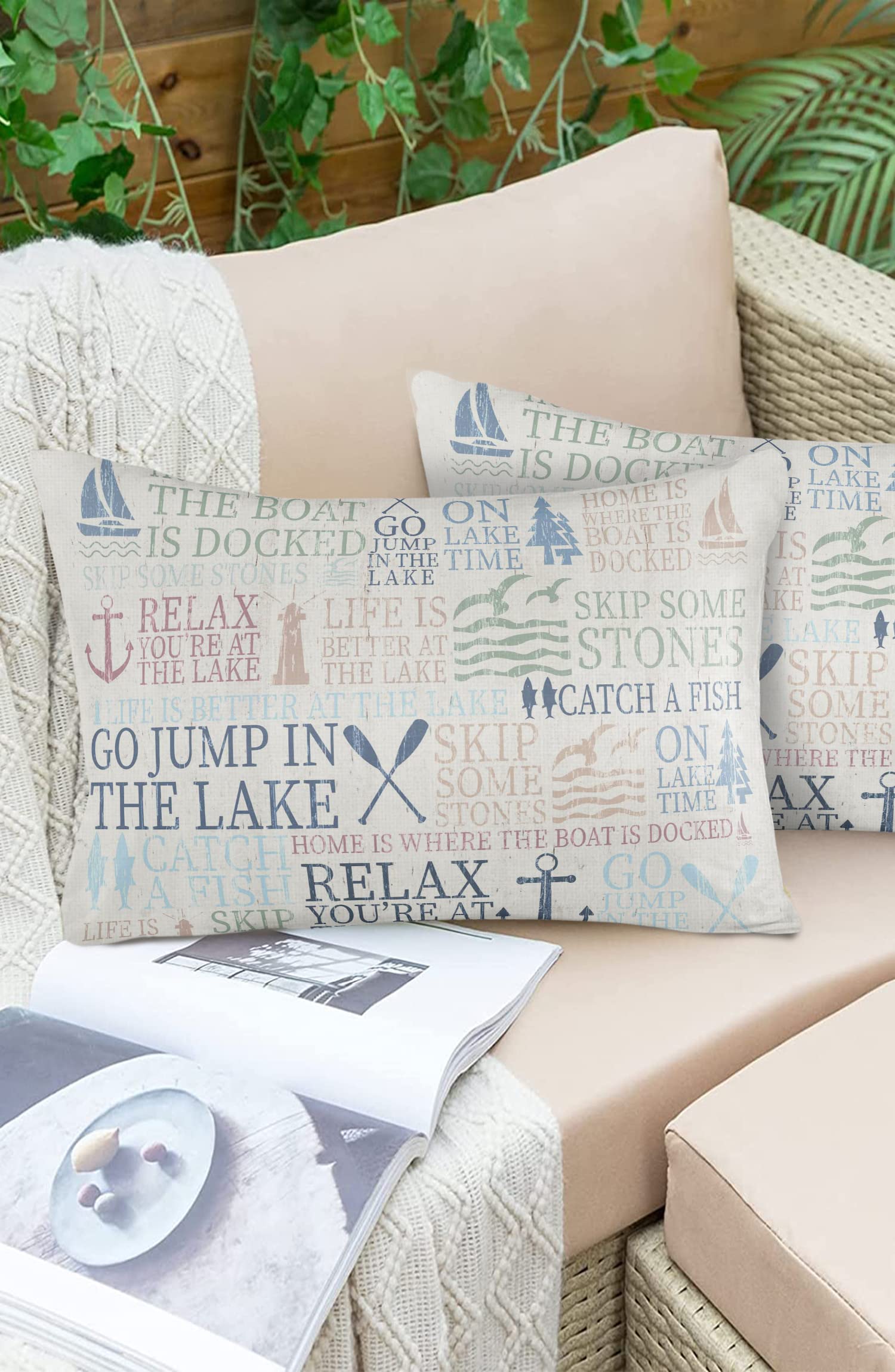 Outdoor Pillow Covers Waterproof, Lake Life Rule Text Anchor Lighthouse Oar Pine Tree All Weather Cushion Case Set of 2, Retro Backdrop Lumbar Pillowcase for Sofa Bed Decor Patio Furniture 20