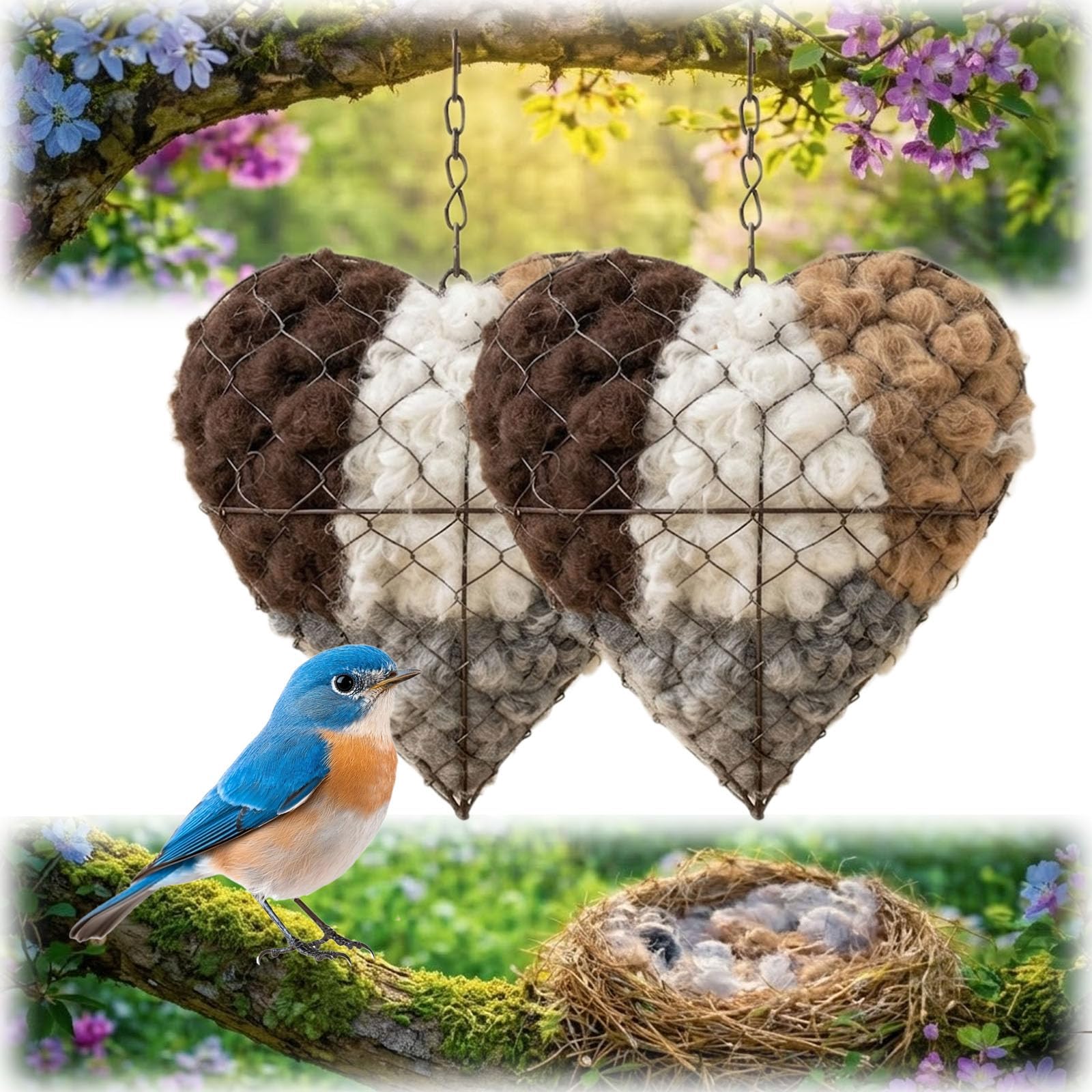 VUKHWX Alpaka Wolle Für Vögel, Handgefertigtes Herzförmige Zupfherz Alpakawolle-Spender Für Vögel, Nachfüllbares Vogelhaus Nistkasten, Bietet Unterschlupf Nistmaterial Für Vögel (2pc)