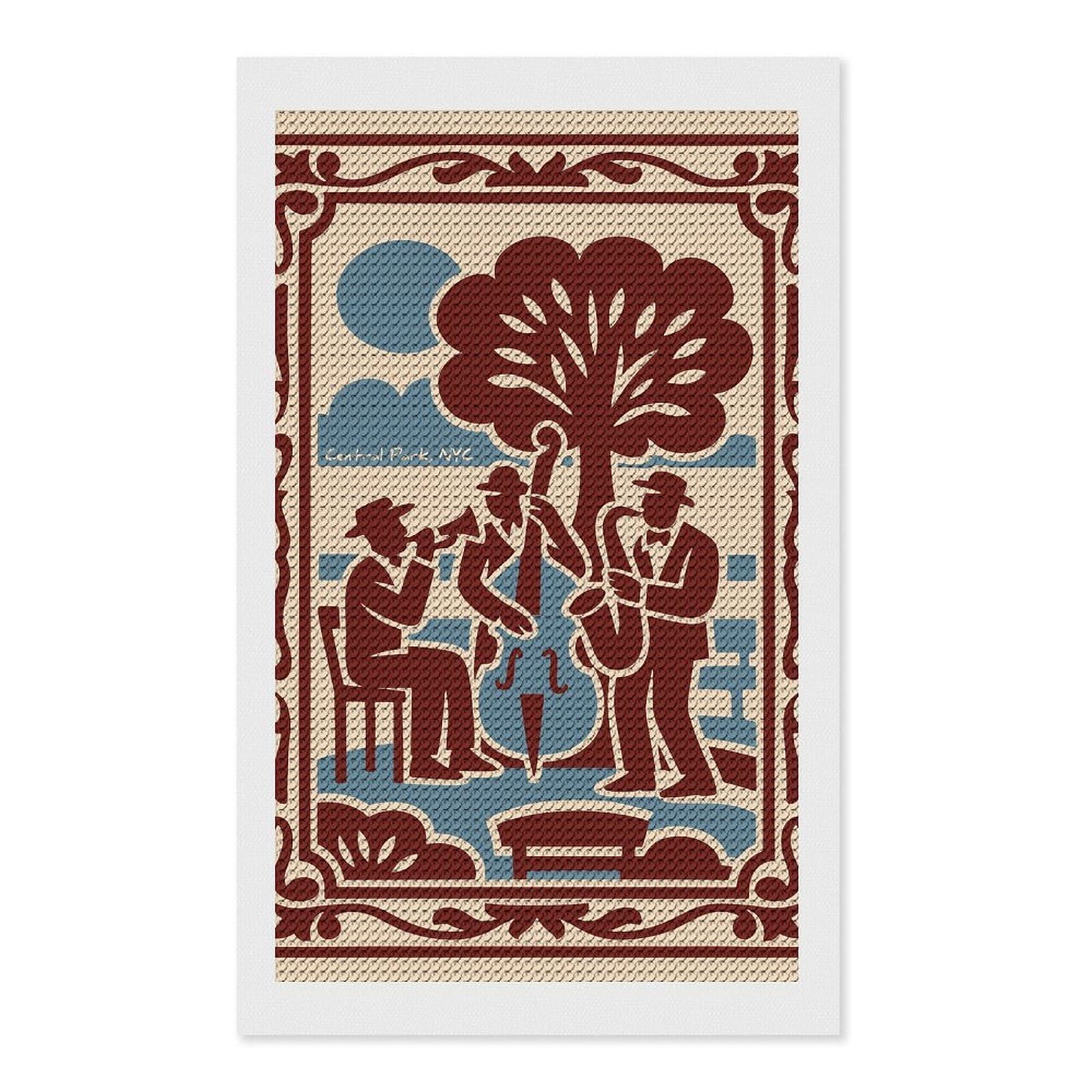 Junmoney Central Park Jazz Musicians Diamond Art Kit 12"x20", Holiday Gift Idea, for Women, Easy Handmade Project, Vintage Style Decor, Printed Canvas