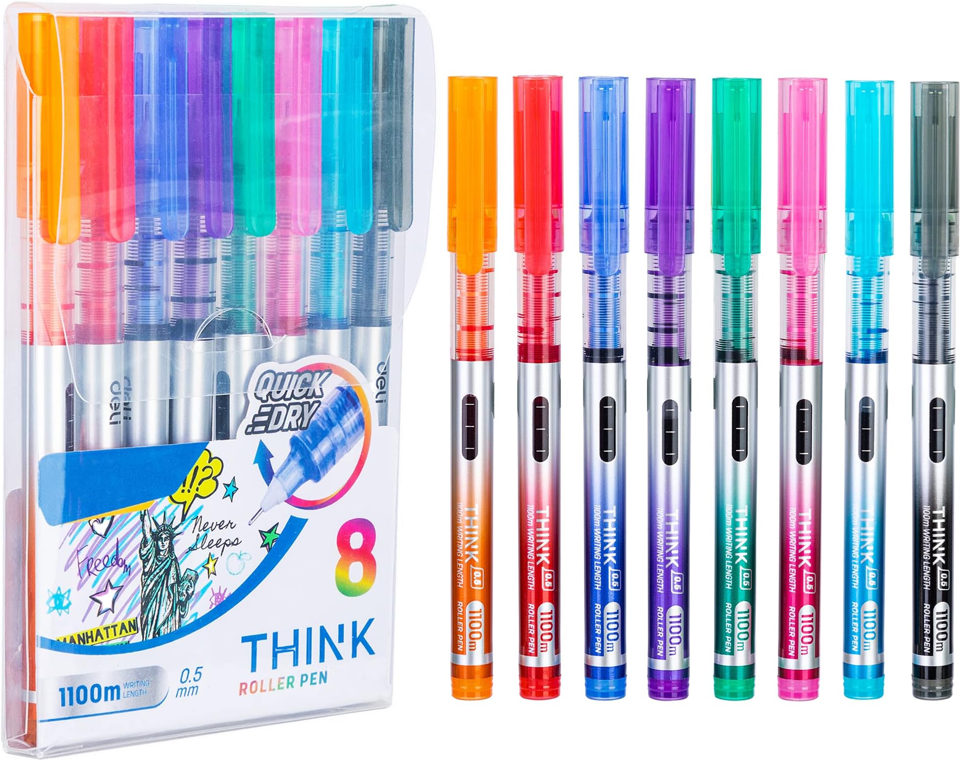 Rollerball Pens Gel Pens Coloured 8Pcs 0.5Mm Liquid Ink Ballpoint Smooth Ballpoint Pen Quick
