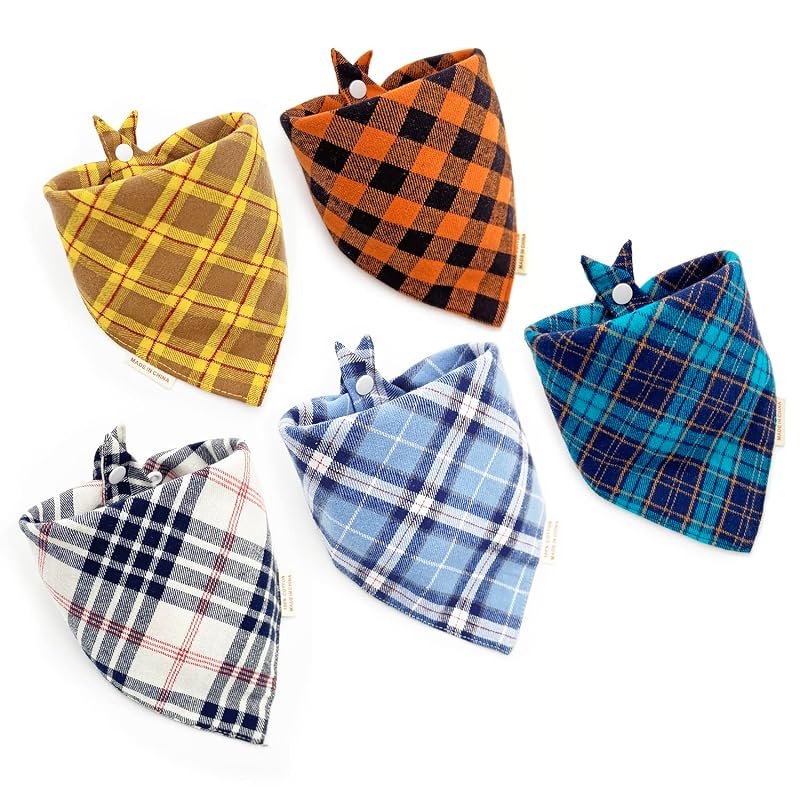 Bandana para Cães e Gatos de Algodão com Botão, Dupla Camada e Estampa Xadrez Azul, 5 Unidades