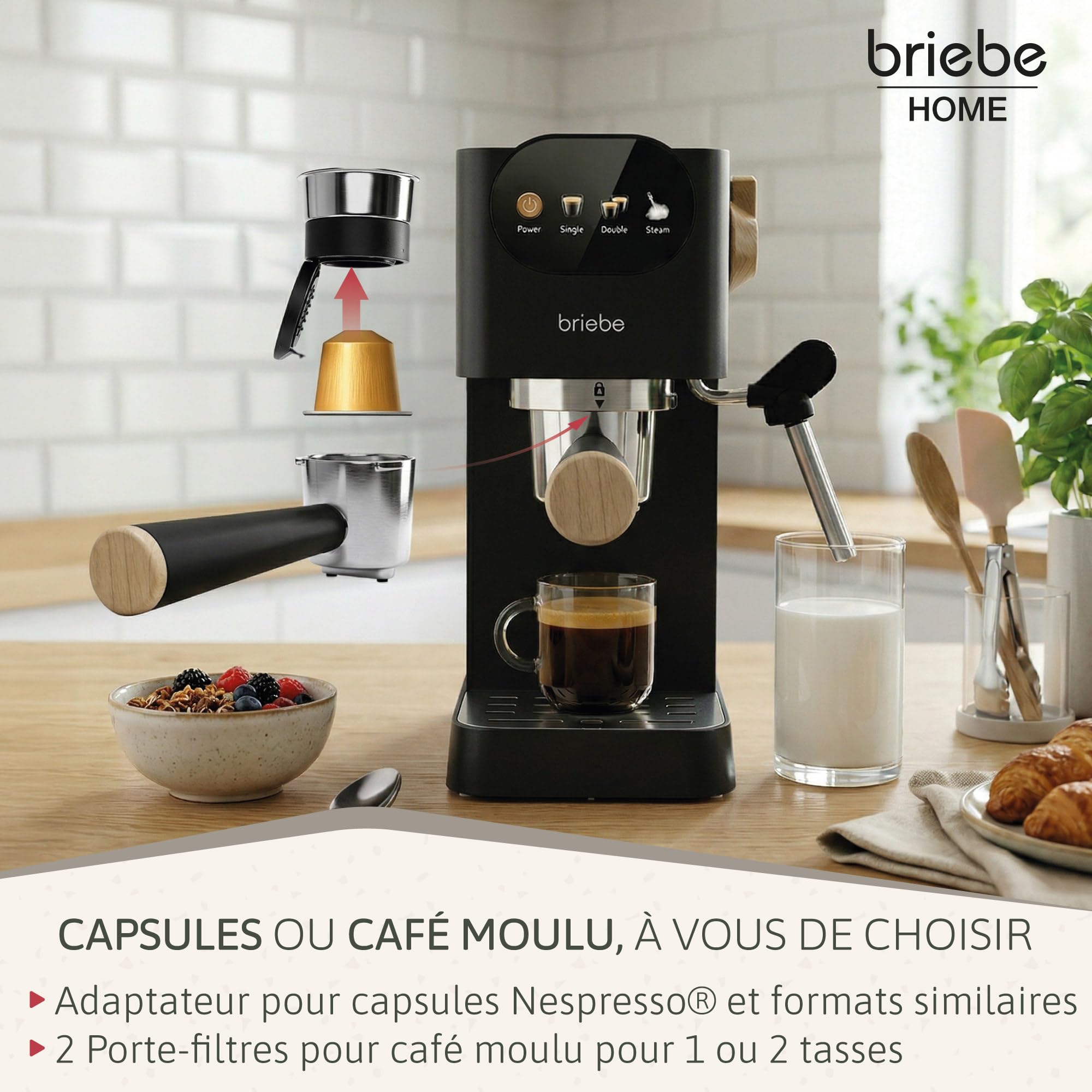 briebe Nordic Machine à Café Expresso 20 Bars Compatible avec Capsules Nespresso et Café Moulu, Semi-Automatique Professionnel 1350W, Mousseur à Lait, Écran Tactile, 1,2L, Design Scandinave, Noir - 5