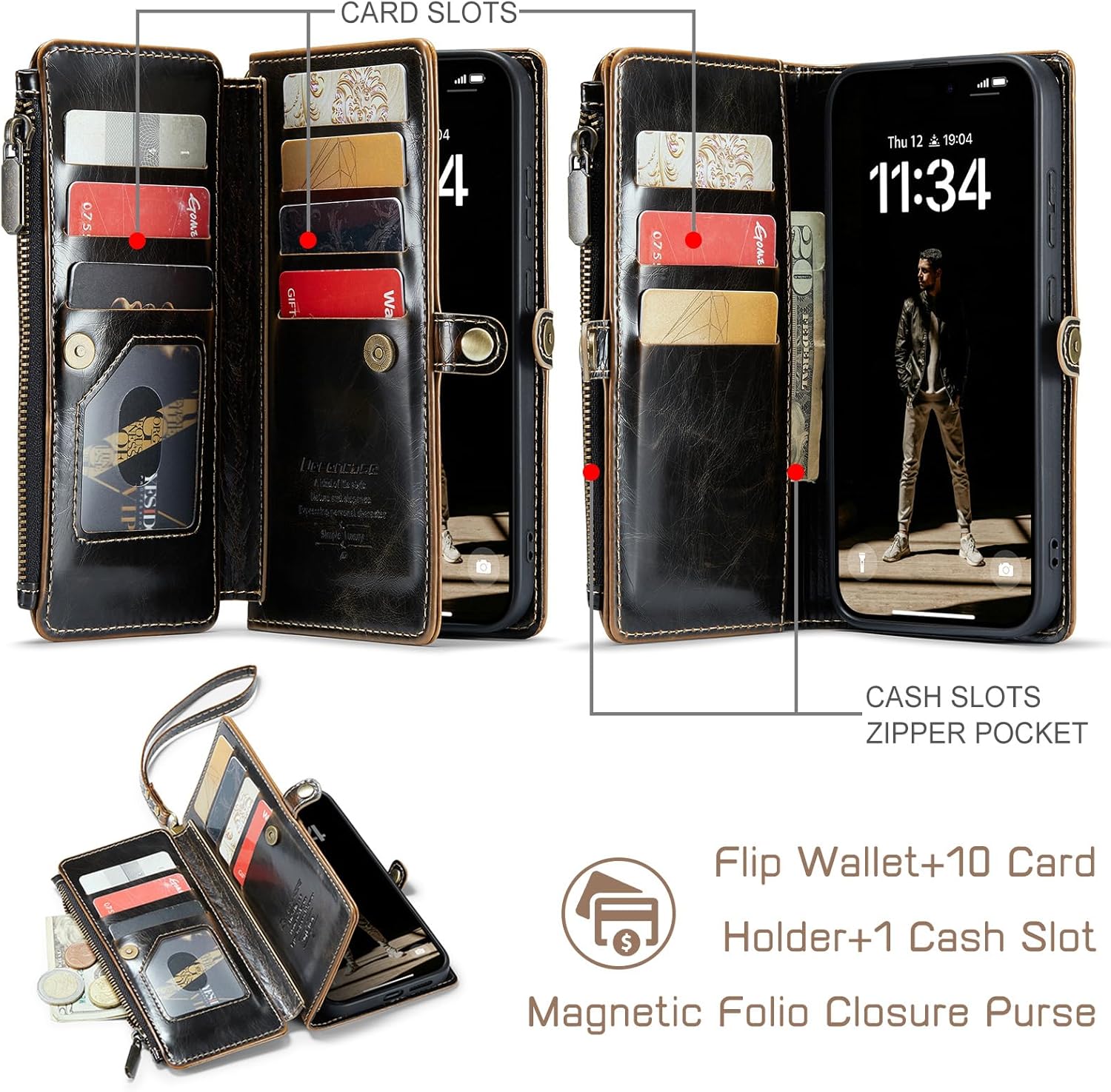 Defencase for Galaxy S25 Plus/S25+ Case Wallet with RFID Blocking Card Holder for Women Men, Elegant Leather Magnetic Snap Flip Strap Zipper Wallet Phone Cases for Samsung Galaxy S25 Plus 6.7", Coffee