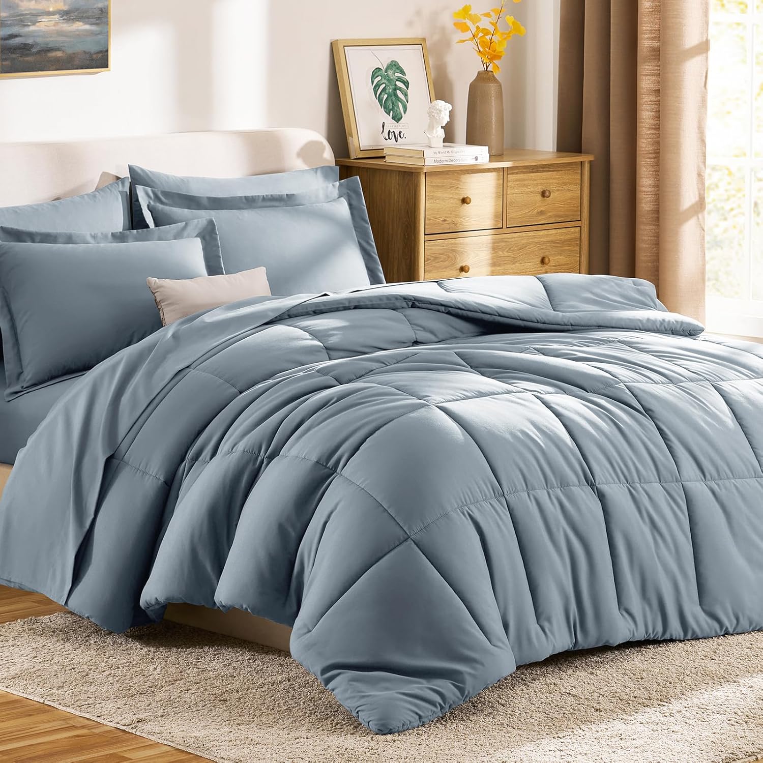 CozyLux Queen Comforter Set Grayish Blue, 7 Pieces Bed in a Bag Queen, All Season Breathable Bedding Sets,Oeko-Tex Certified Bed Set with Down Alternative Comforter, Sheets, Pillowcases & Pillow shams - Image 9